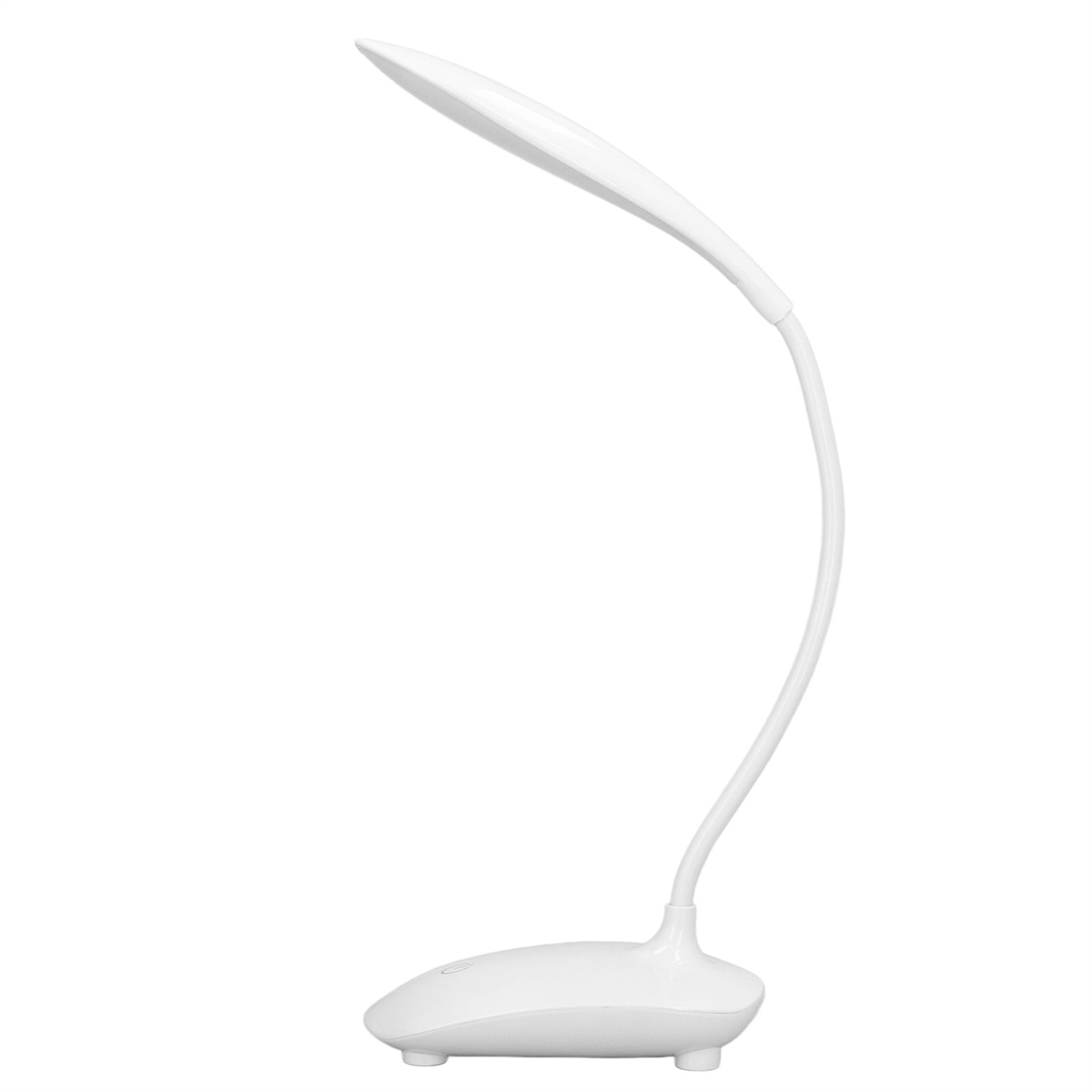 Eine weiße, gebogene Schreibtischlampe mit flexiblem Hals, isoliert auf weißem Hintergrund.