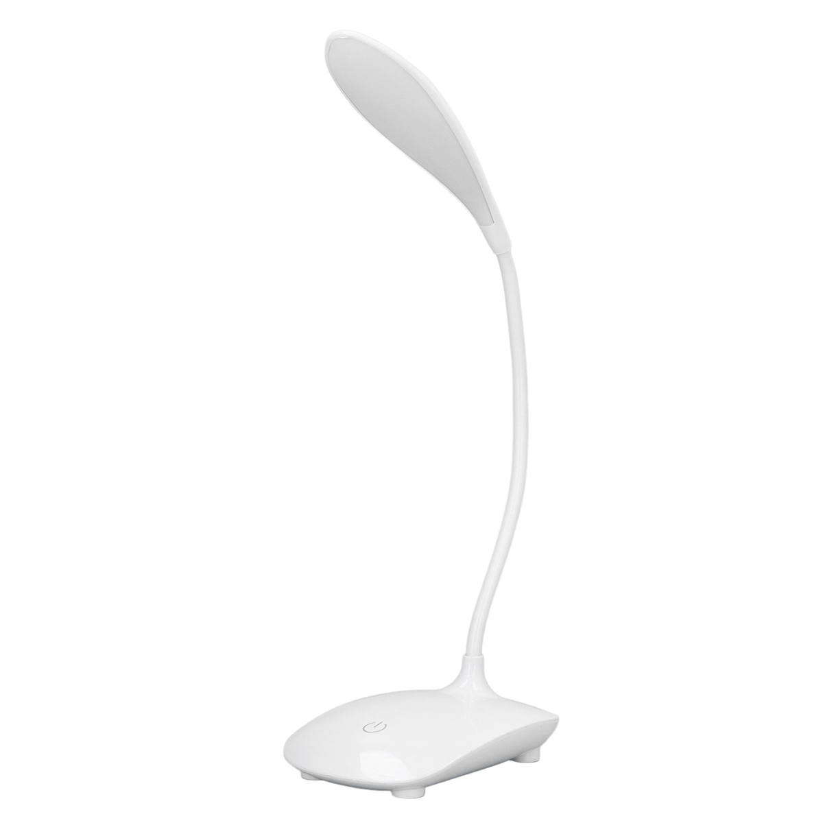 Eine weiße Schreibtischlampe mit gebogenem Hals und Fuß, vor weißem Hintergrund.