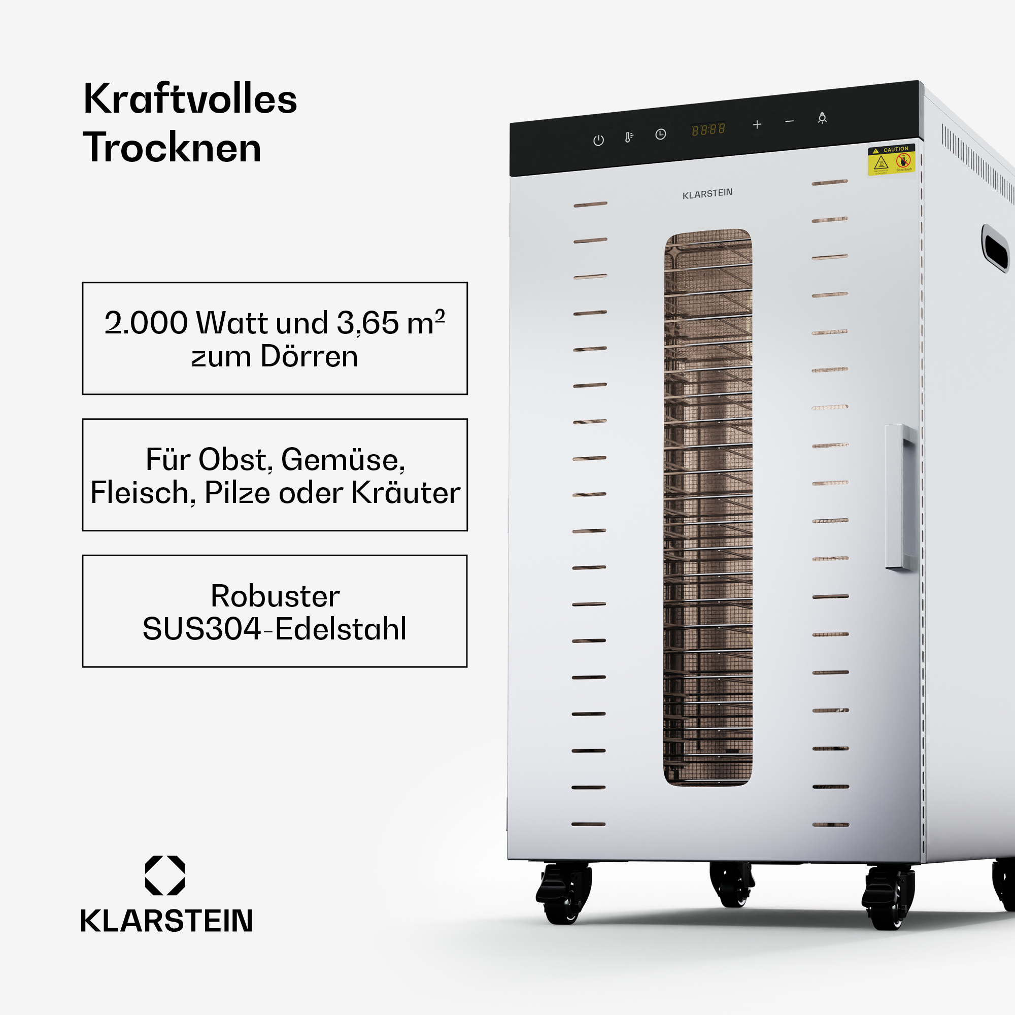 Un essiccatore per alimenti Klarstein bianco con più vassoi, una porta e un pannello di controllo, su sfondo bianco.