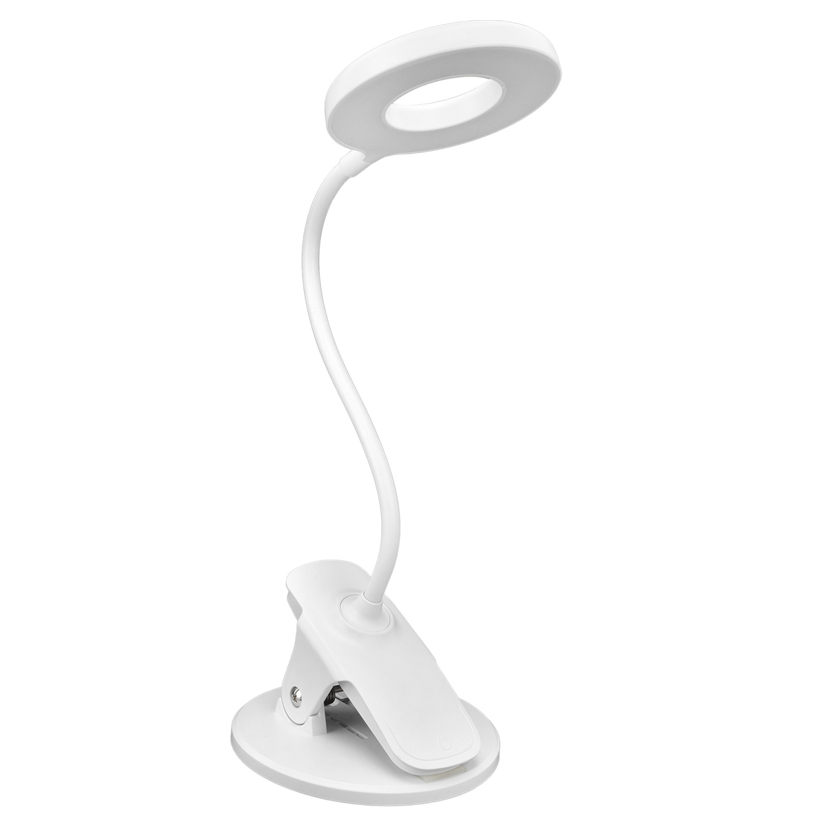 Weiße Klemm-Schreibtischlampe mit rundem Leuchtkopf und gebogenem Hals. Weißer Hg.