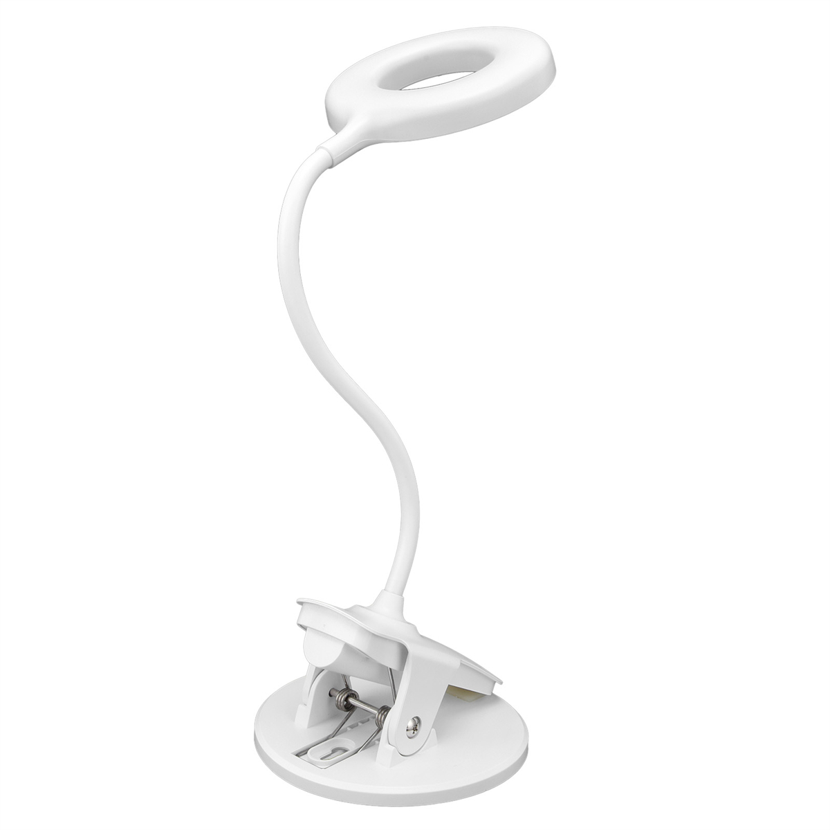 Eine weiße, flexible LED-Schreibtischlampe mit Schwanenhals und Clipfuß, vor weißem Hintergrund.