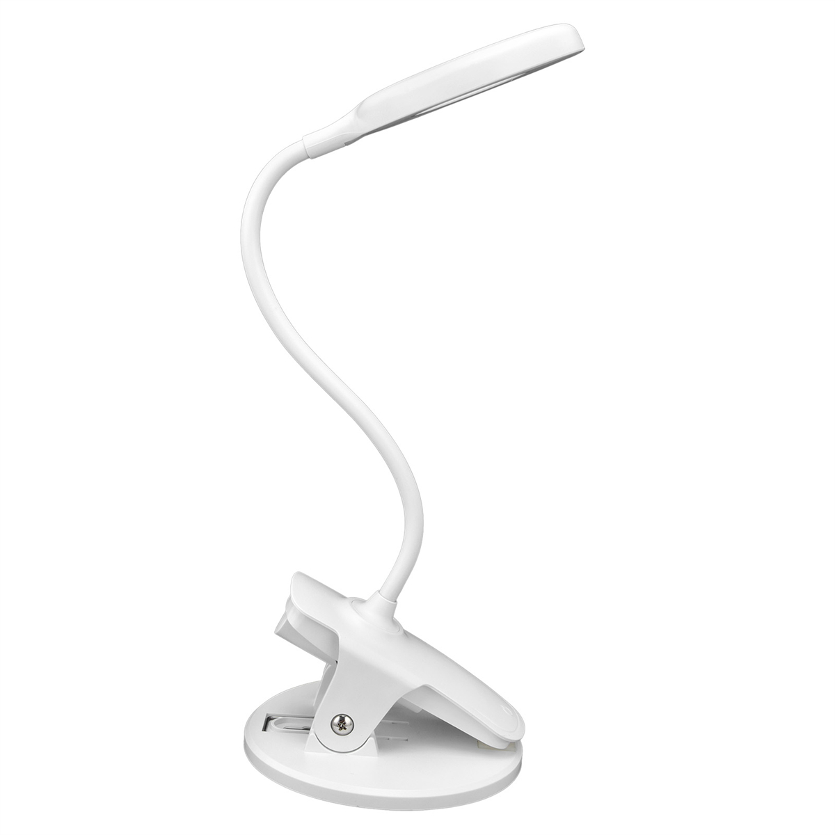 Weiße Schreibtischlampe mit flexiblem Schwanenhals und Clipfuß, auf weißer Oberfläche.