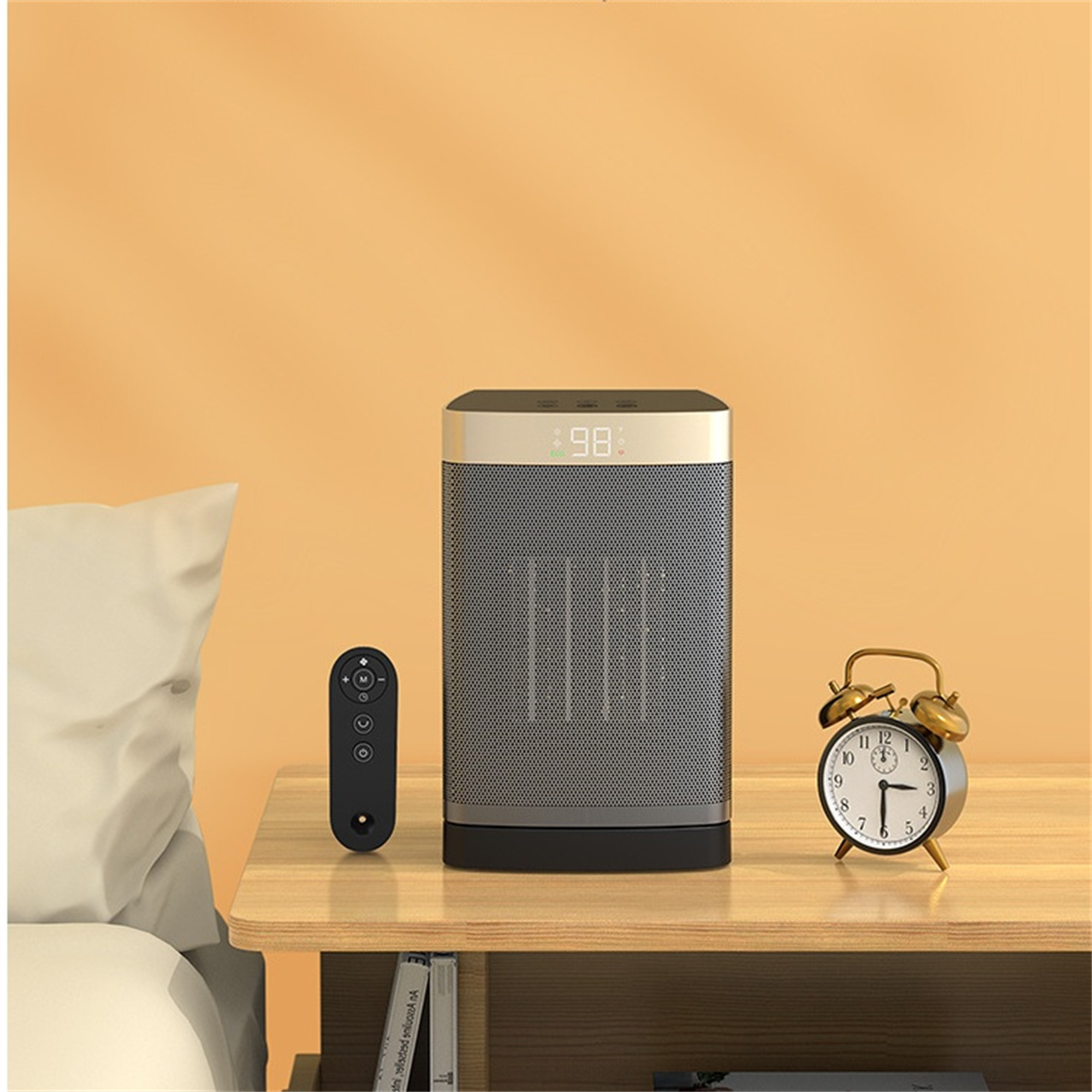 Eine schwarz-graue Heizung mit digitaler Anzeige oben, Fernbedienung und goldener Uhr auf dem Tisch.