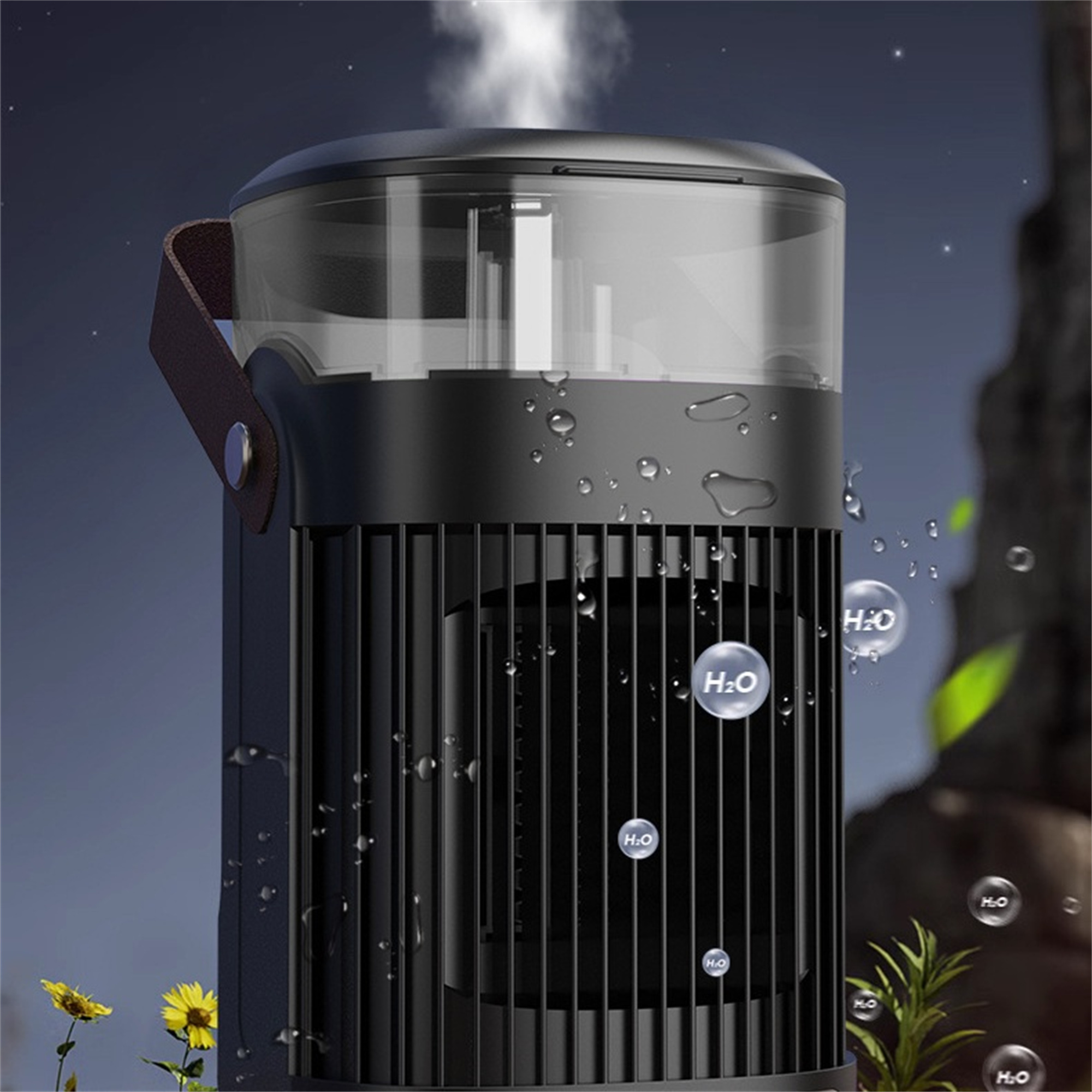 Schwarzer tragbarer Kühler mit Wassertropfen und einem Griff. Er hat eine transparente Oberseite und den Text "H2O".