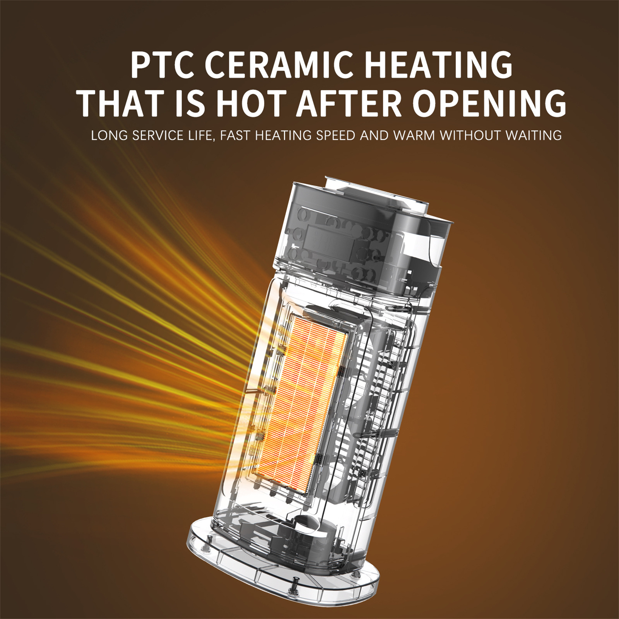 Ein transparentes Heizgerät mit orangem Licht und Text 'PTC Ceramic Heating'.