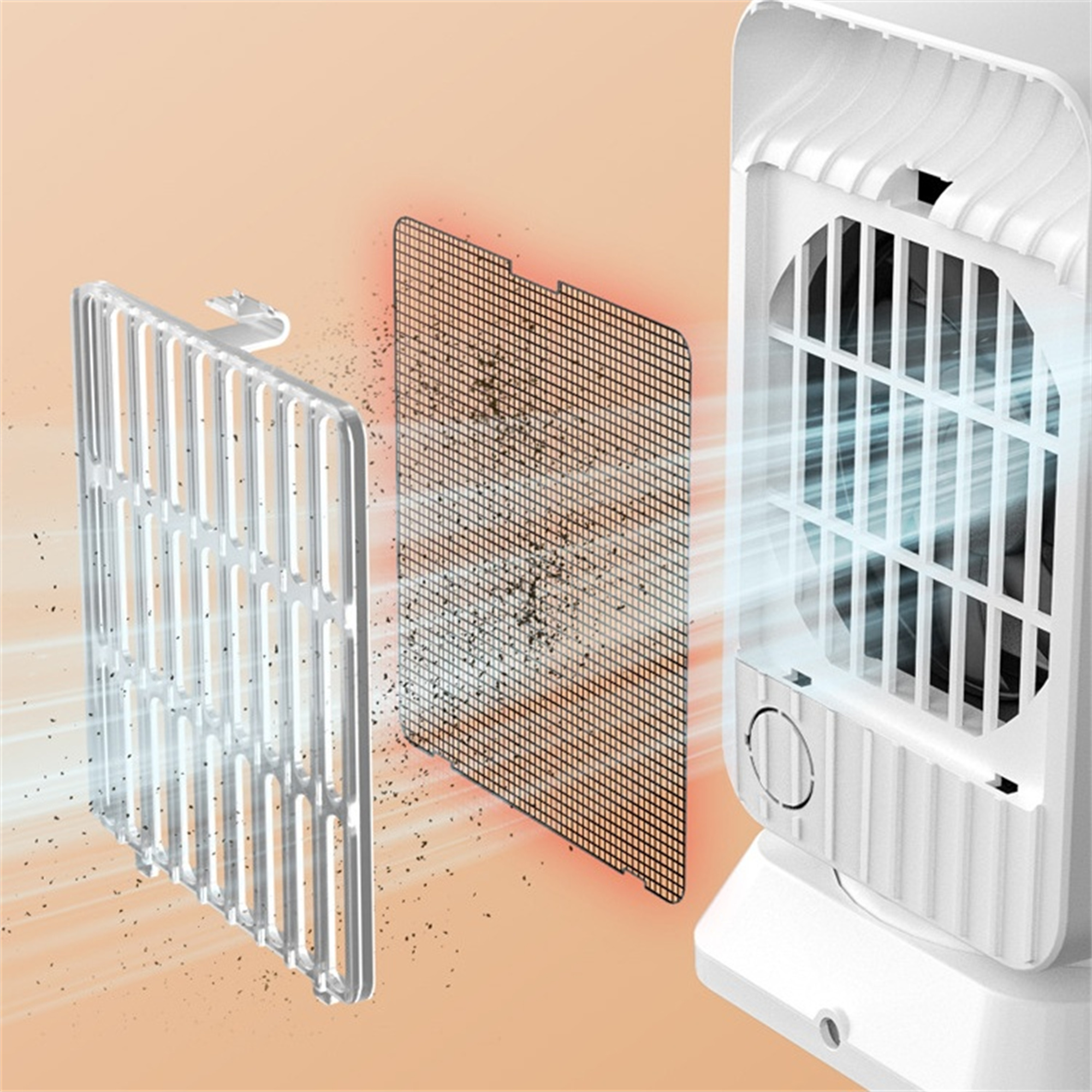 Diagramm eines Luftreinigers, das die Filterkomponenten und den Luftstrom zeigt. Partikel in der Luft.