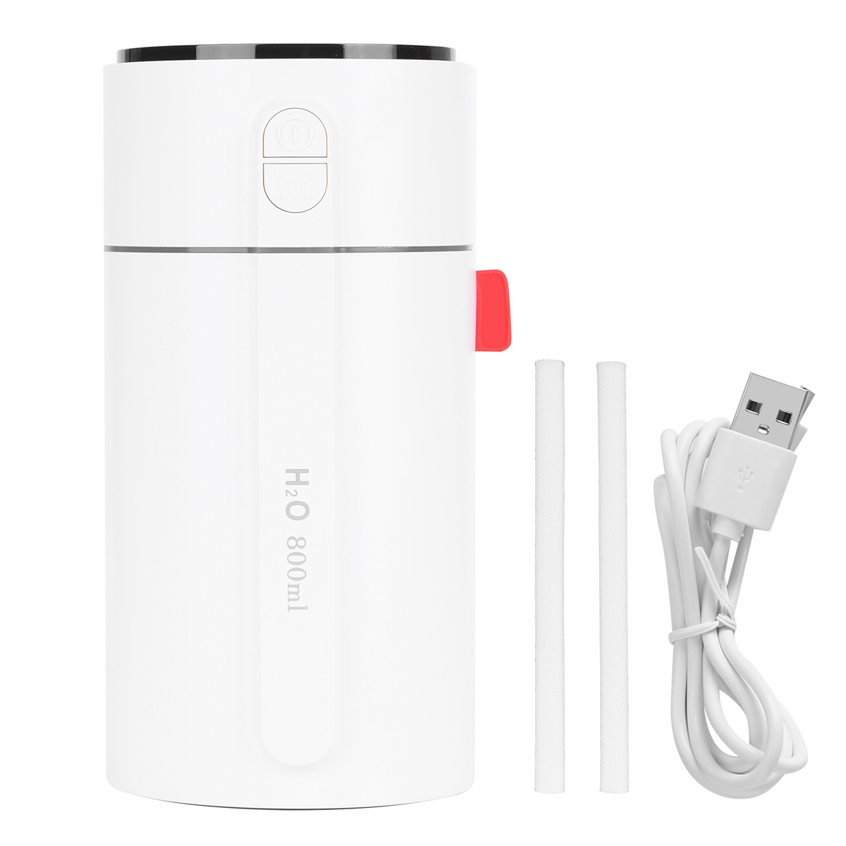 Weißer Luftbefeuchter mit roter Taste, weißen Filterstäben und weißem USB-Kabel.