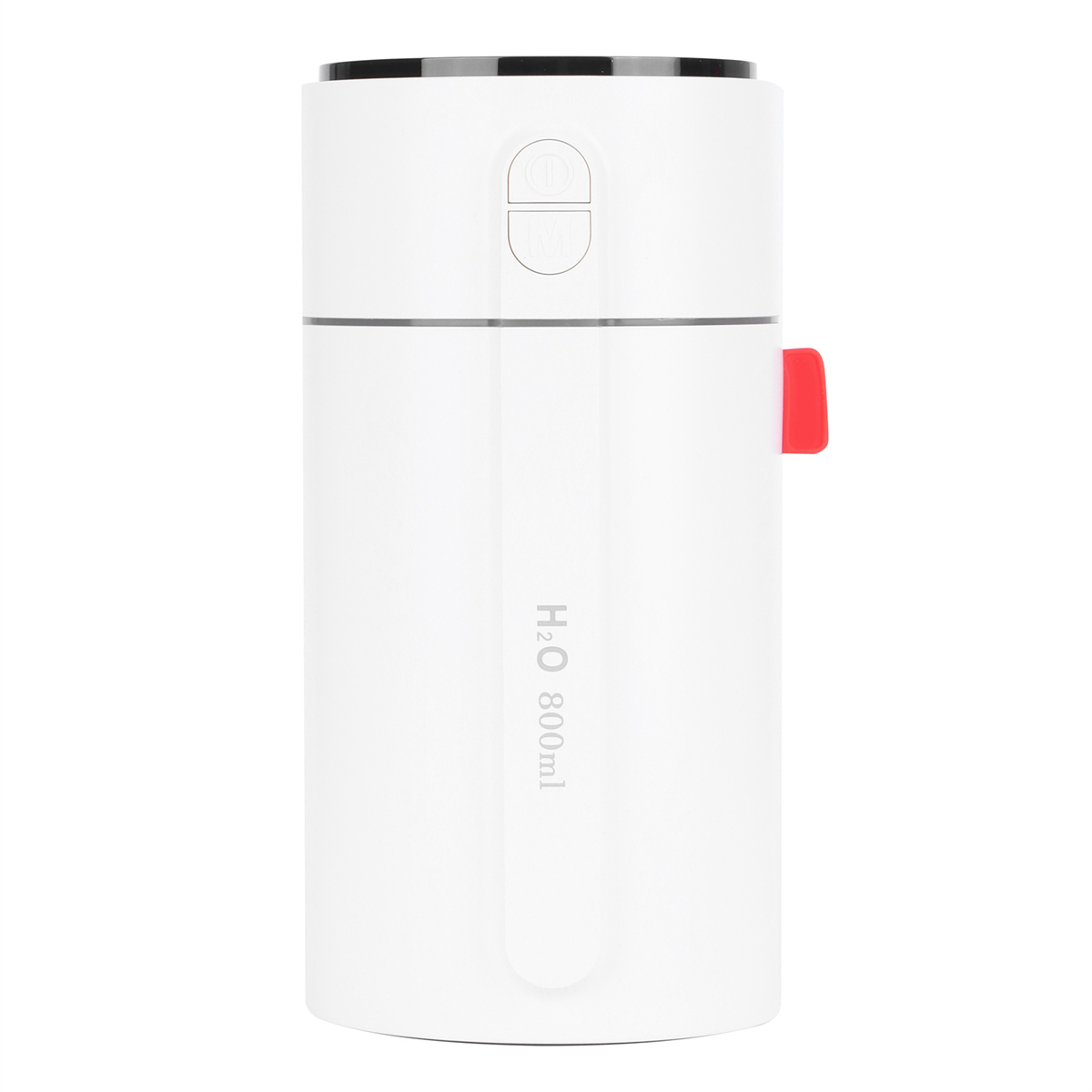 Weißer, zylindrischer Luftbefeuchter mit rotem Knopf und dem Text 'H2O 800ml' auf der Vorderseite.