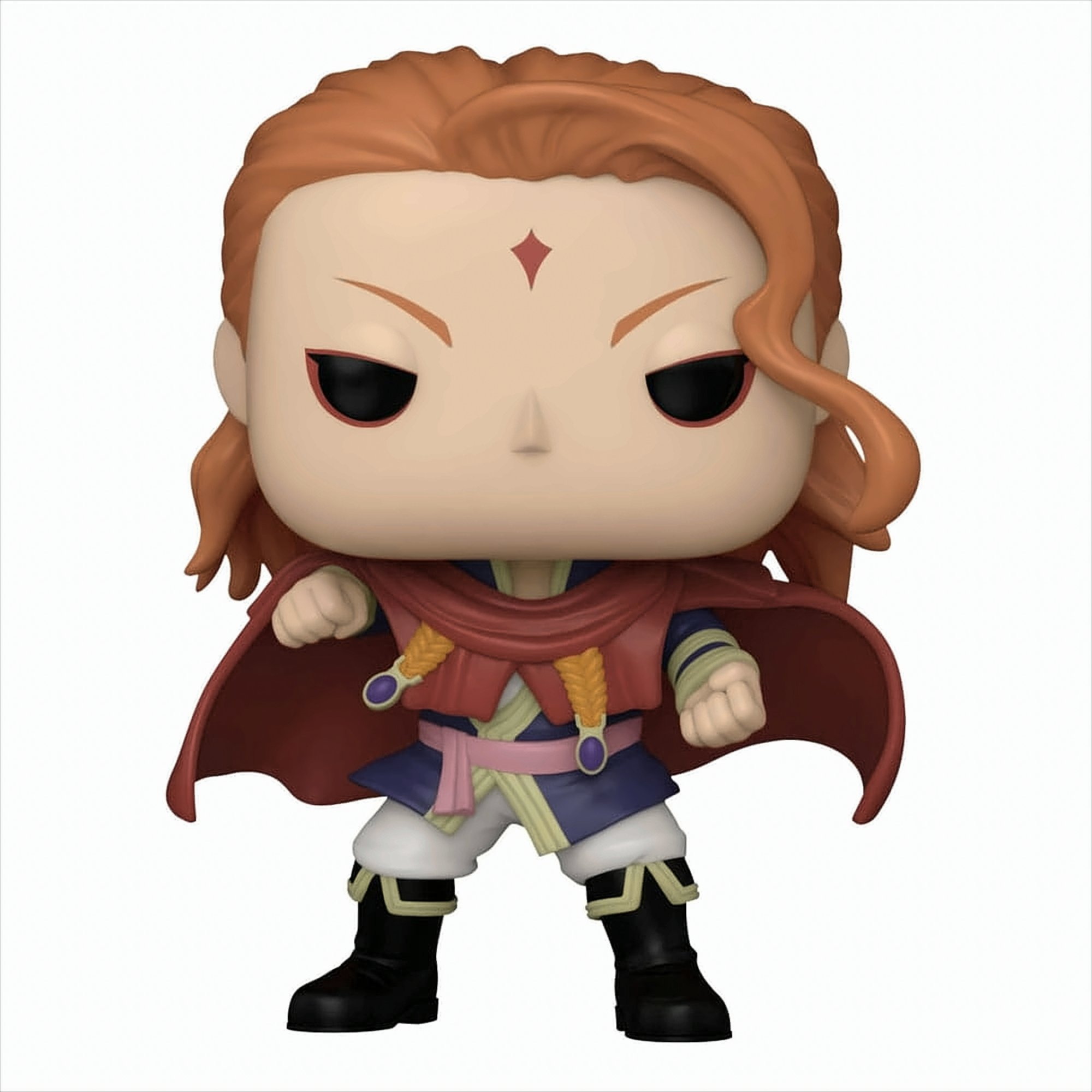 Figura Funko Pop de un personaje masculino con cabello rojo, capa roja y expresión decidida.