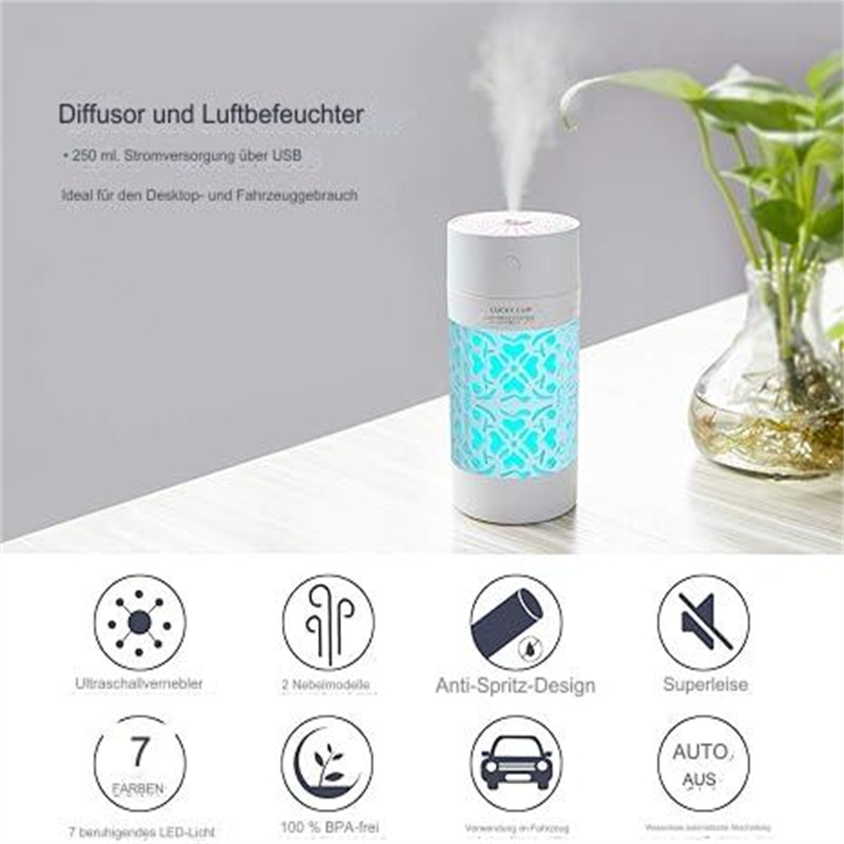 Weiß-blauer Luftbefeuchter mit Symbolen darunter. 250 ml, USB-Strom, 7 Farben, BPA-frei, Anti-Spritz-Design, Auto.