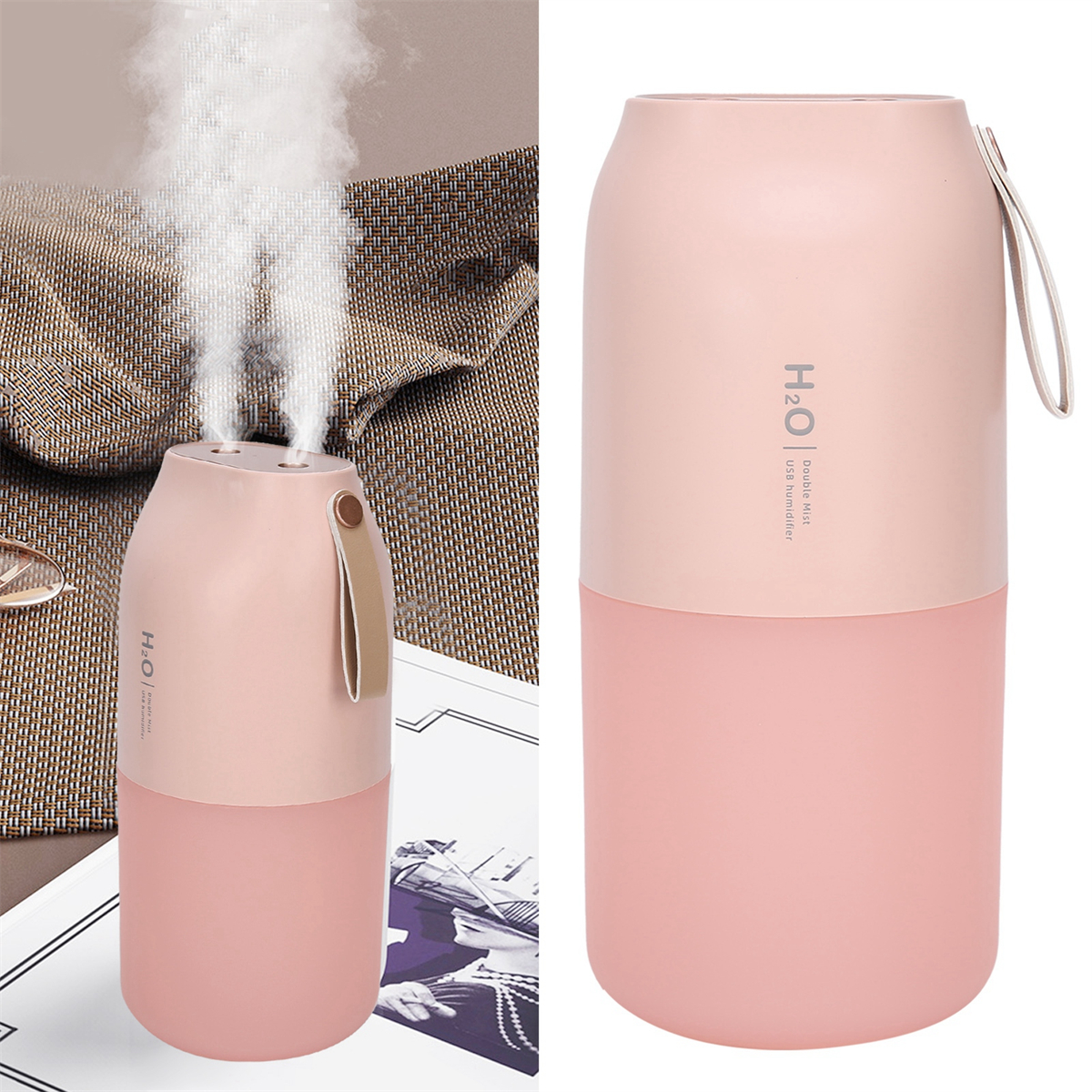 Rosa-weißer Luftbefeuchter, der Dampf abgibt, auf einem Tisch. Rechts ist der Befeuchter mit H2O beschriftet.