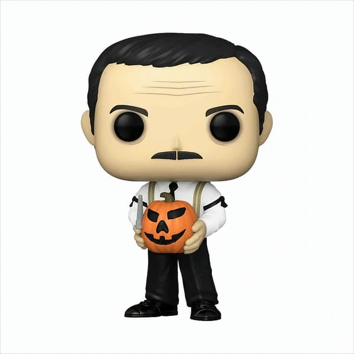 Um boneco Funko Pop de um homem com bigode segurando uma abóbora laranja com um rosto esculpido.