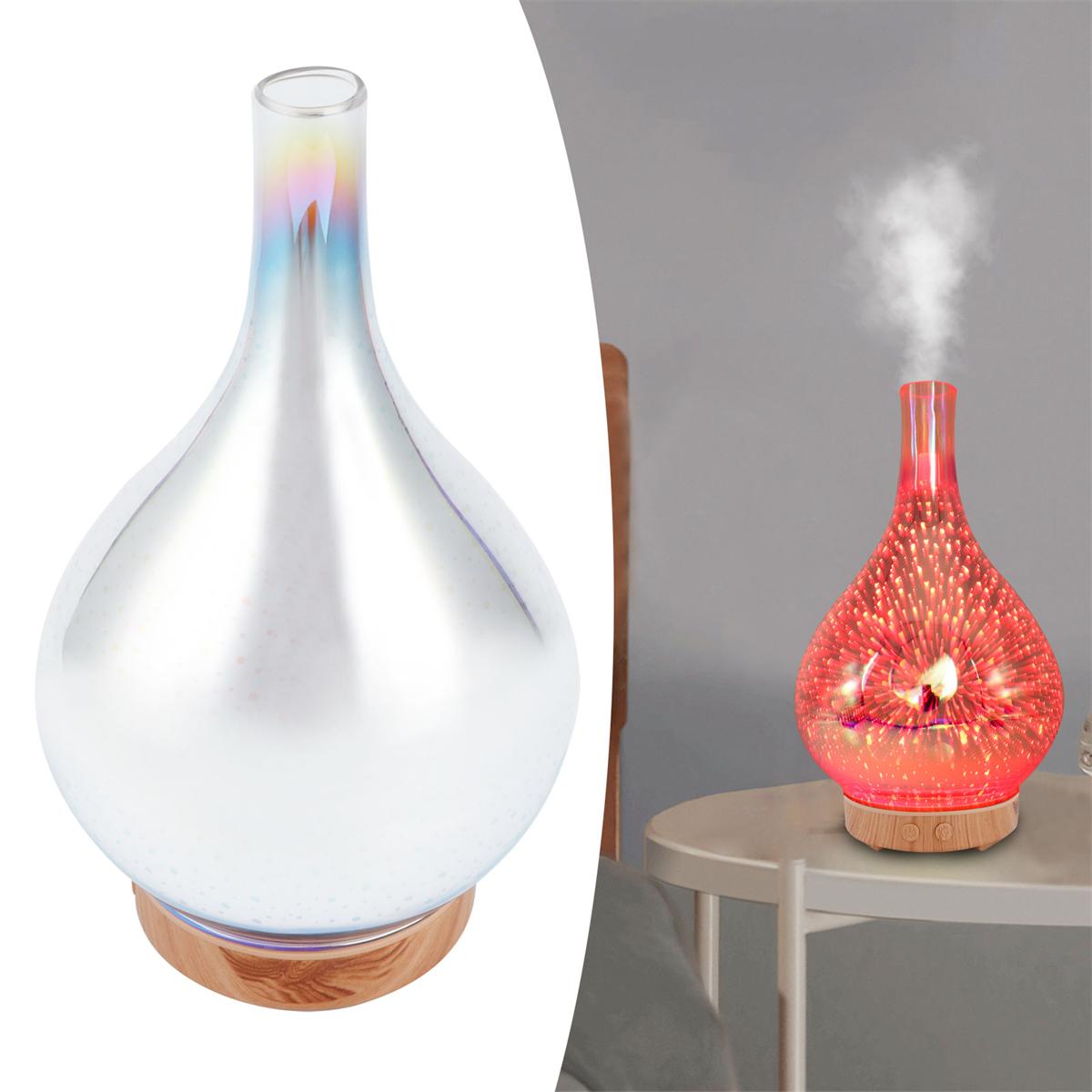 Glasdiffusor mit Lichteffekten, auf Holzbasis, mit Dampf.