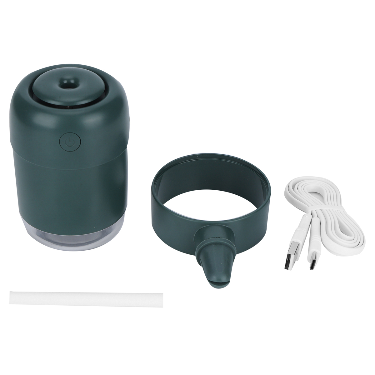 Ein Öldiffusor mit Zubehör: dunkelgrüner Körper, Halterung und weißes USB-Kabel.