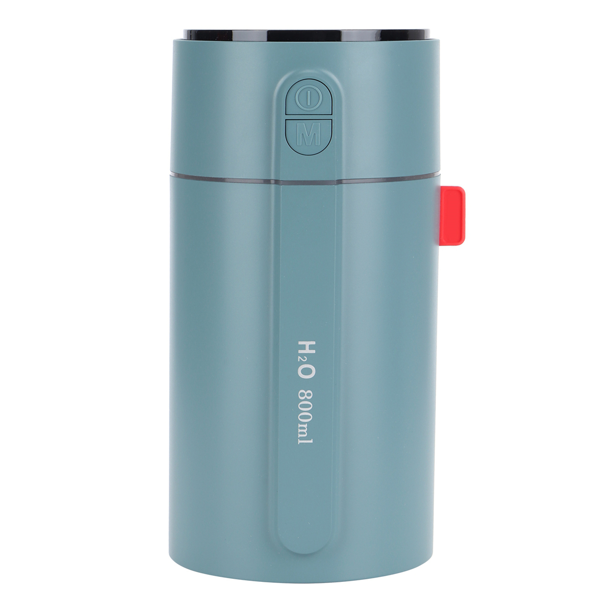 Blaue Wasserflasche mit Text 'H2O 800ml' und rotem Knopf, zylindrische Form.