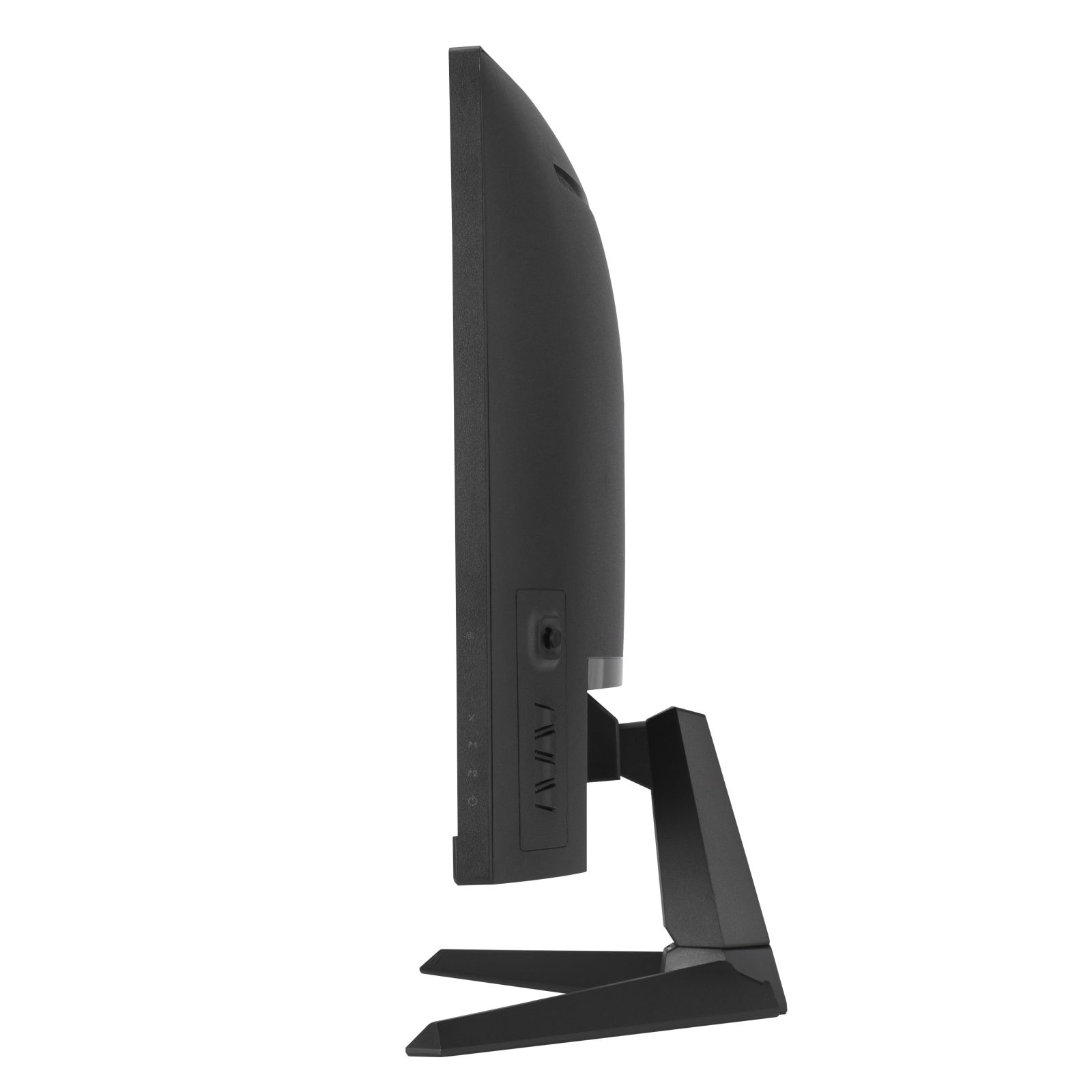 Widok z boku czarnego monitora z podstawą i portami.