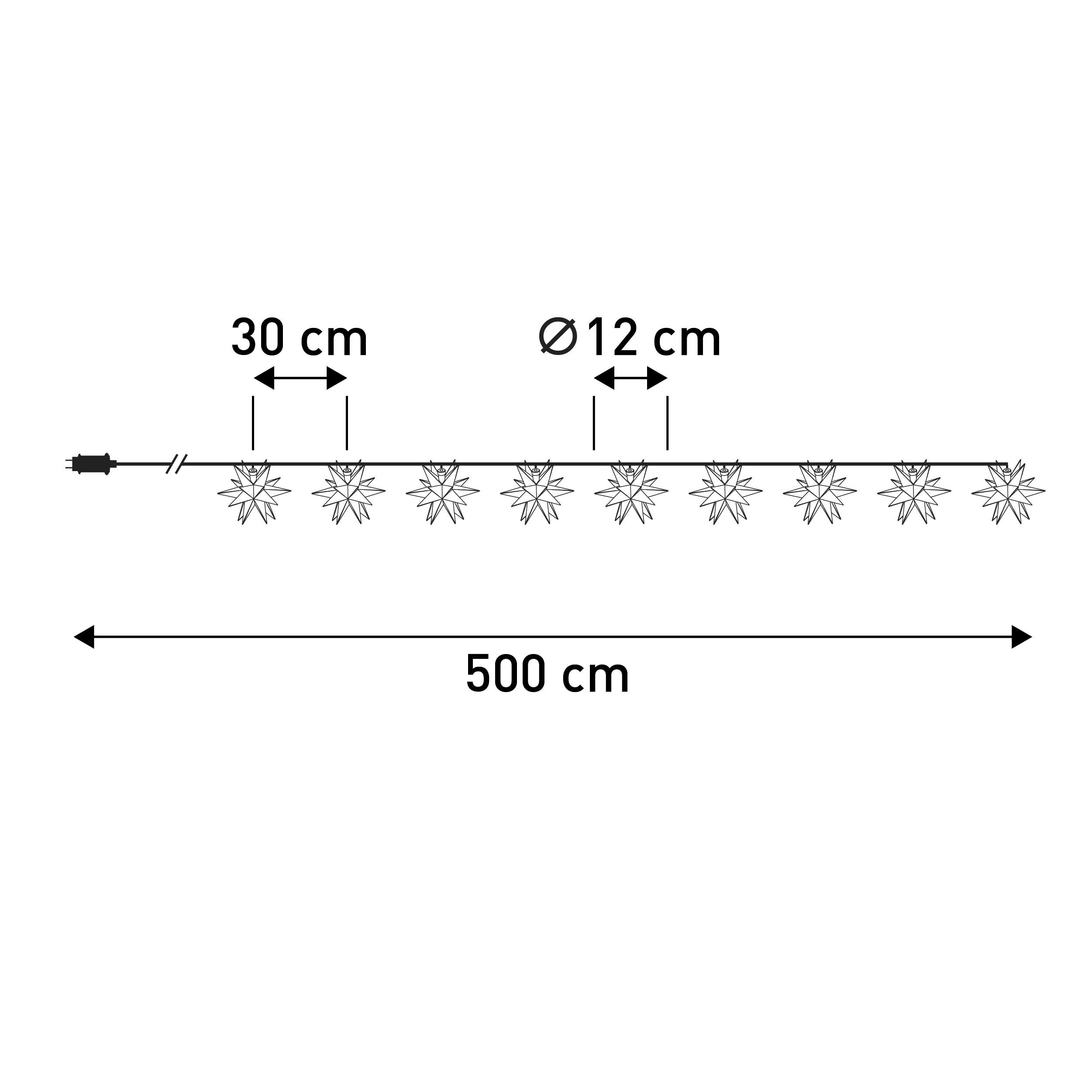 Lichterkette mit sternförmigen Dekorationen. Maße: 30 cm zwischen Sternen, 500 cm Gesamtlänge.