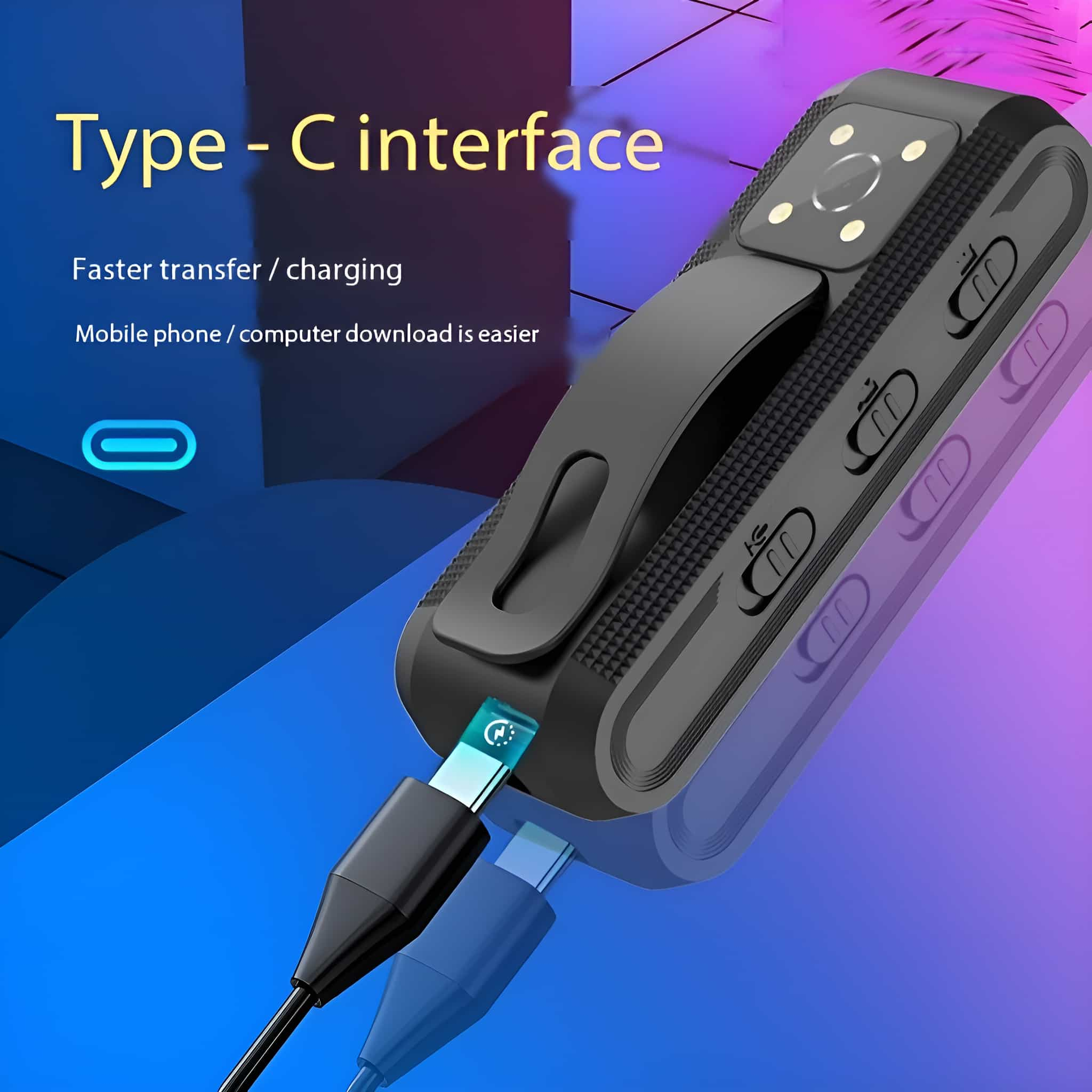 Schwarzes Gerät mit Typ-C-Schnittstelle, verbunden mit einem Kabel. Text: Typ-C-Schnittstelle. Schnelleres Laden/Übertragen.