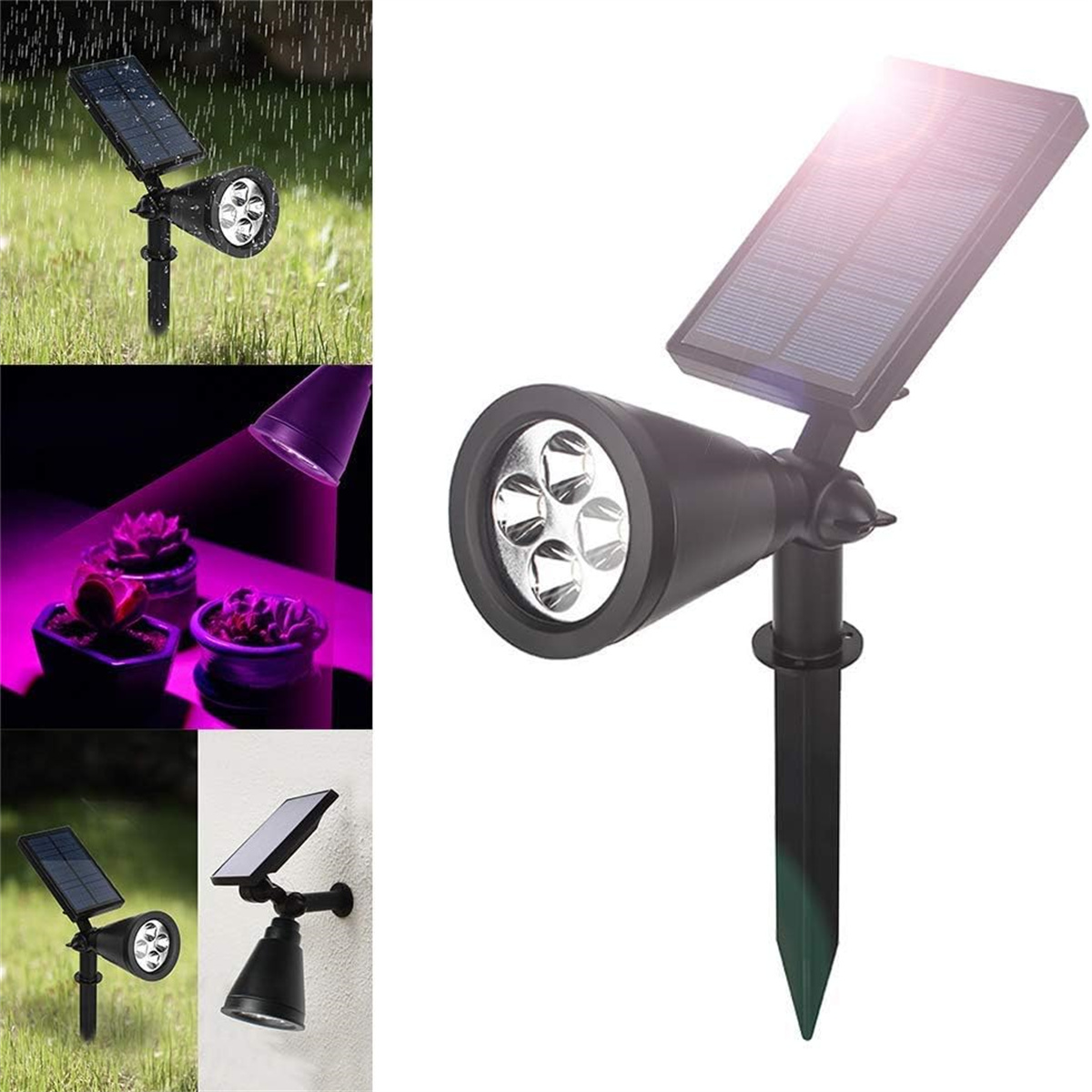 Solar-Spotlights beleuchten Pflanzen und eine Wand. Es gibt mehrere Ansichten der Scheinwerfer und Sonnenkollektoren.