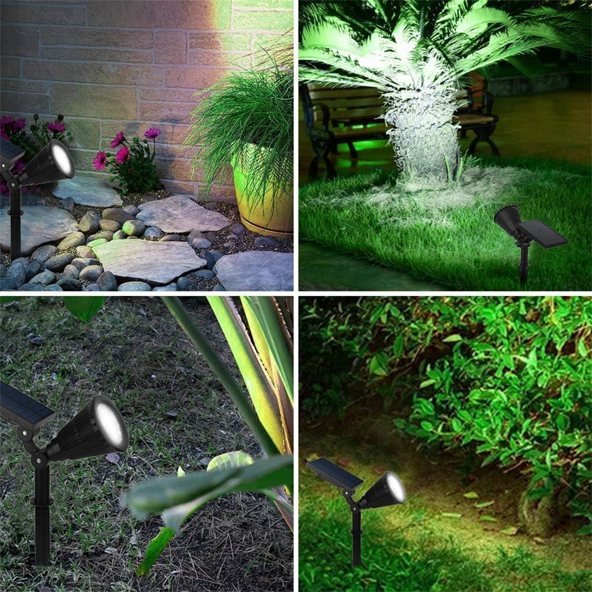 Mehrere Außenstrahler, die Pflanzen in einer Gartenumgebung beleuchten, verschiedene Ansichten enthalten.