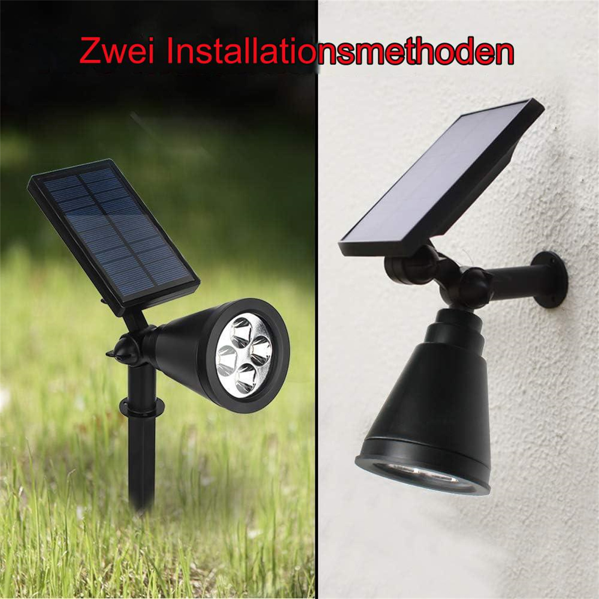 Zwei schwarze Solar-Scheinwerfer, einer auf Gras, einer an der Wand montiert. Schwarze Sonnenkollektoren. Weißer Hintergrund.