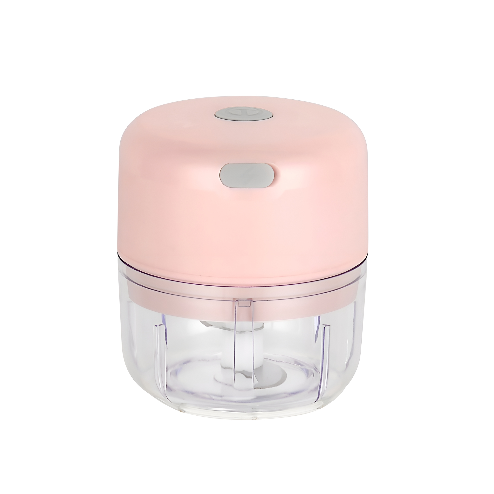 Ein kleiner rosa Küchenmixer. Die Oberseite ist rosa und die Unterseite ist transparent.