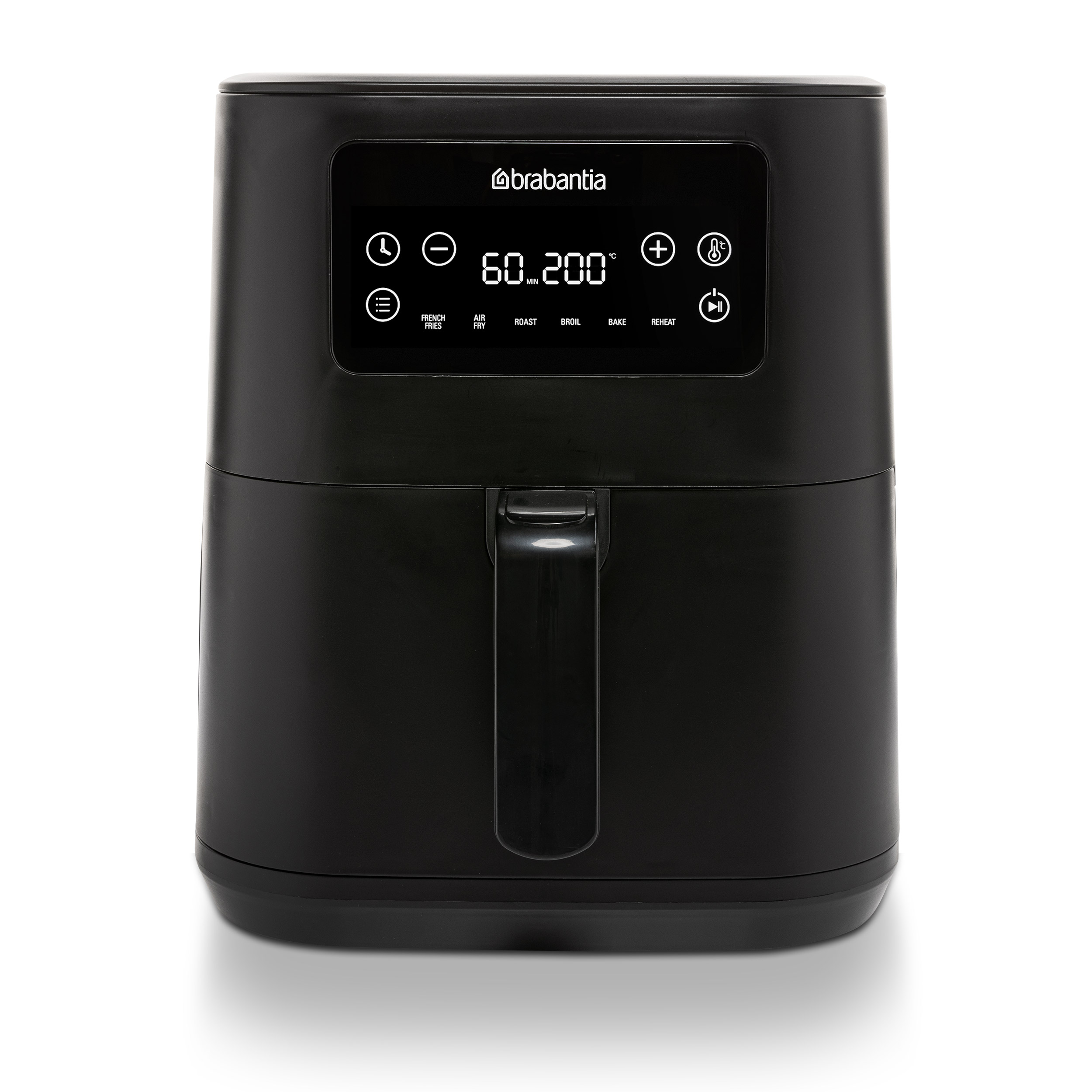 Zwarte airfryer met digitaal display en bedieningsknoppen.
