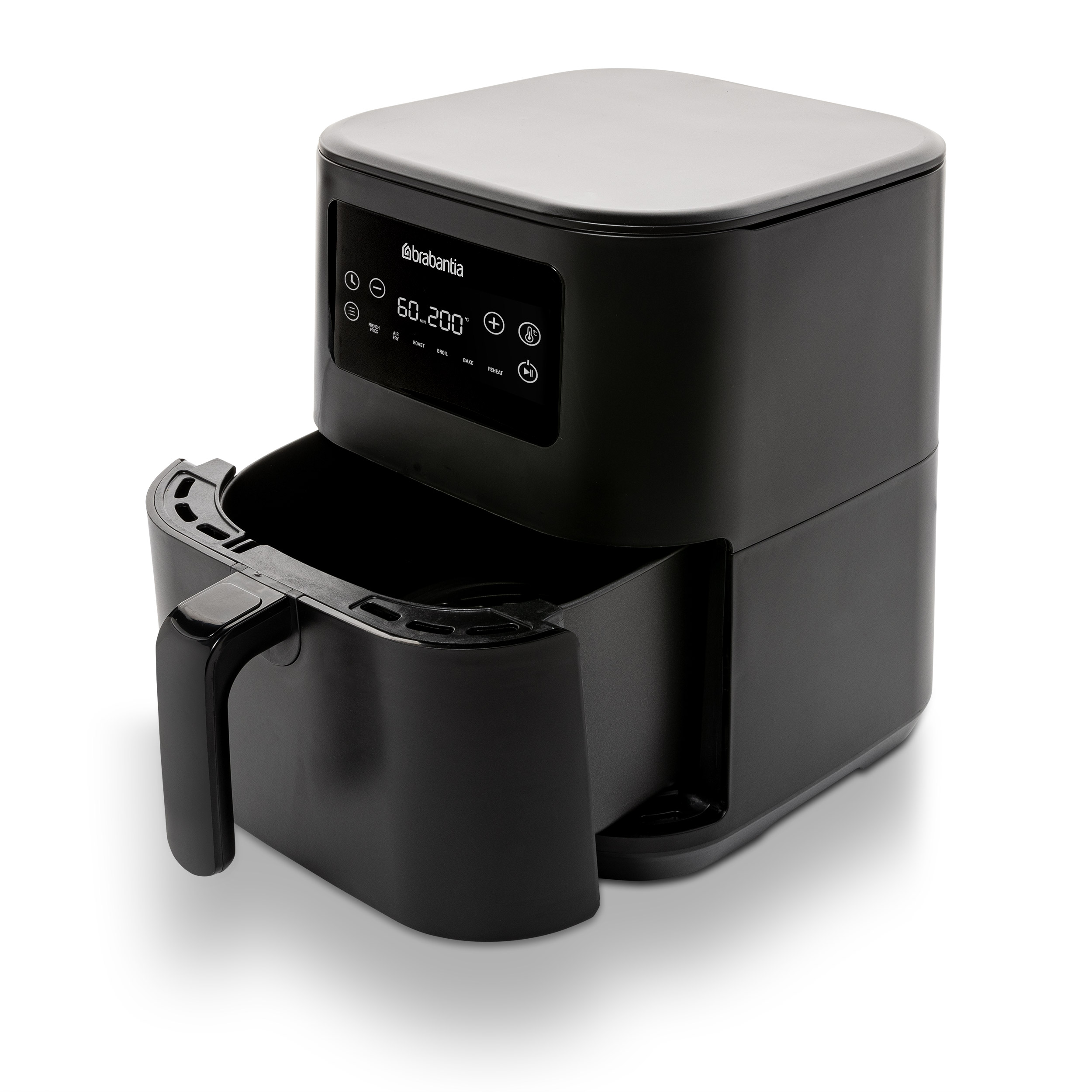 Black air fryer on white background. Digital display and a handle are visible.