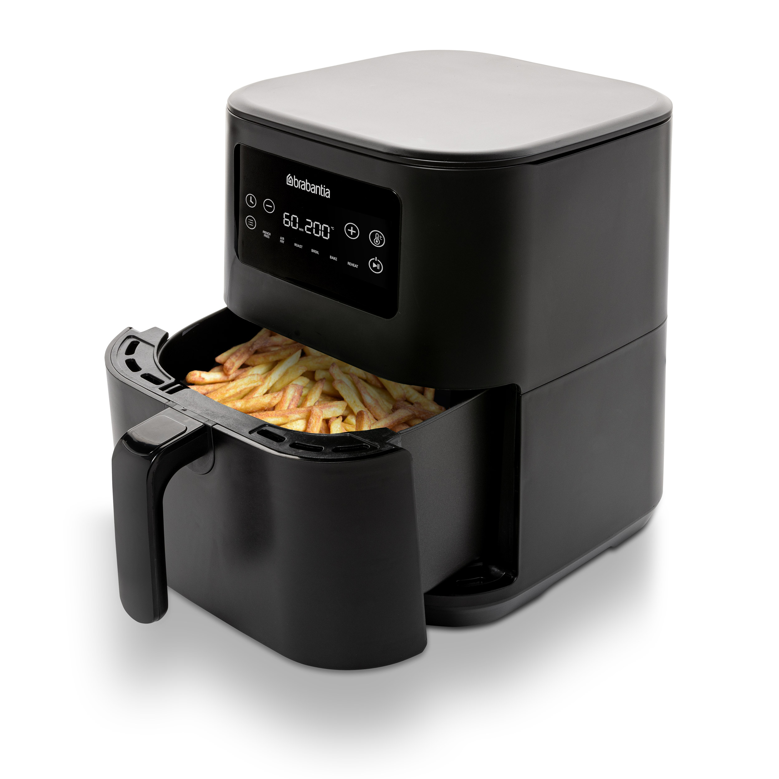 A black air fryer with a basket of french fries and a digital display with controls.