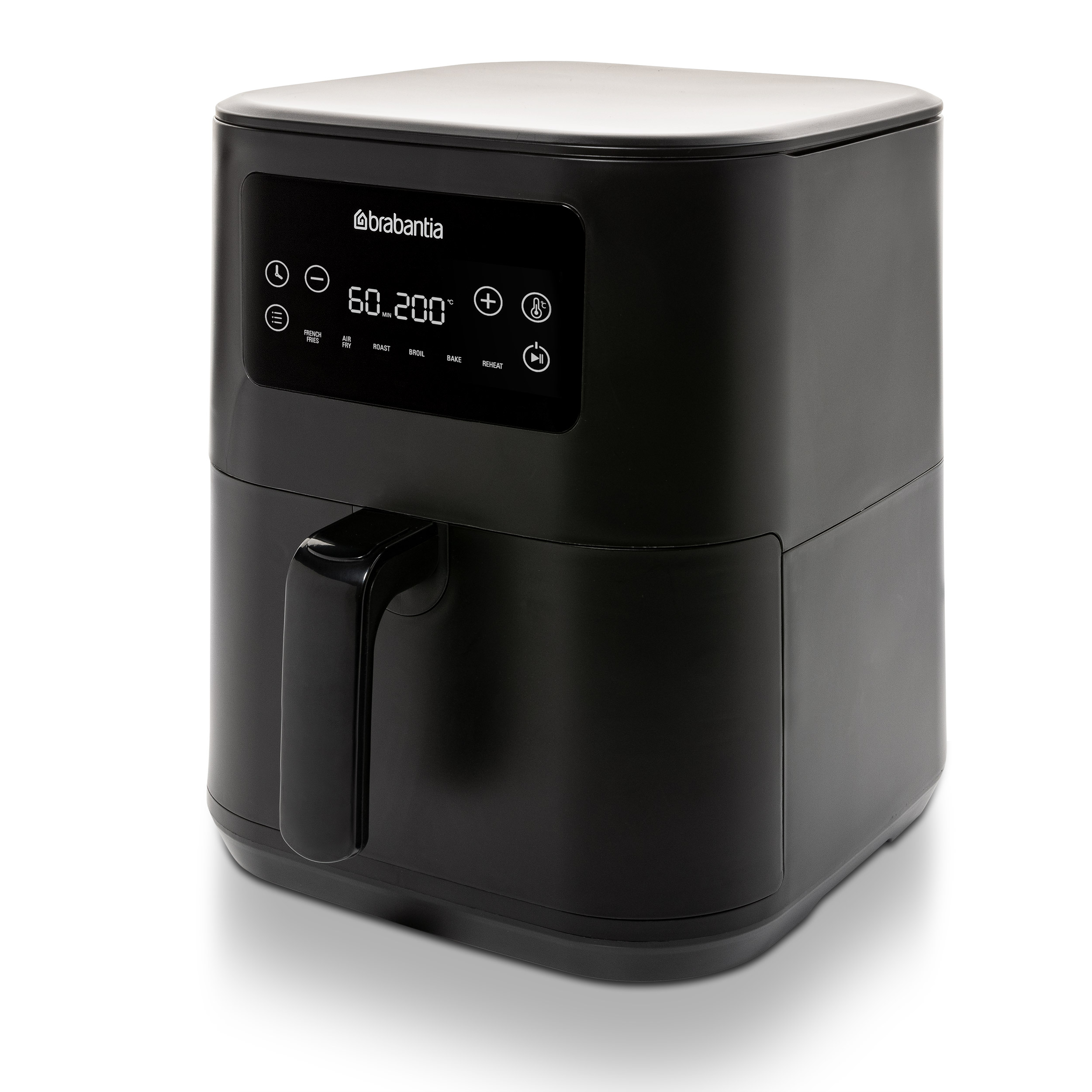 Black air fryer with digital display and handle, on a white background.