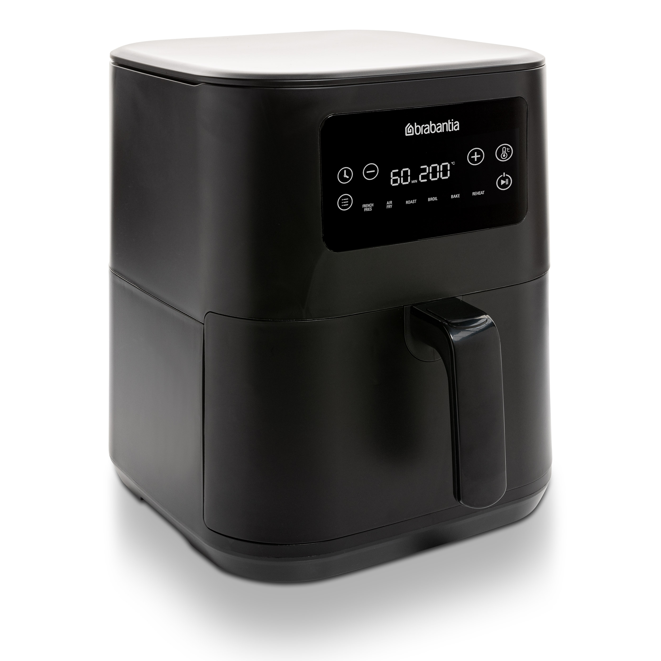 Black air fryer with digital display and handle. White background. Brabantia logo.