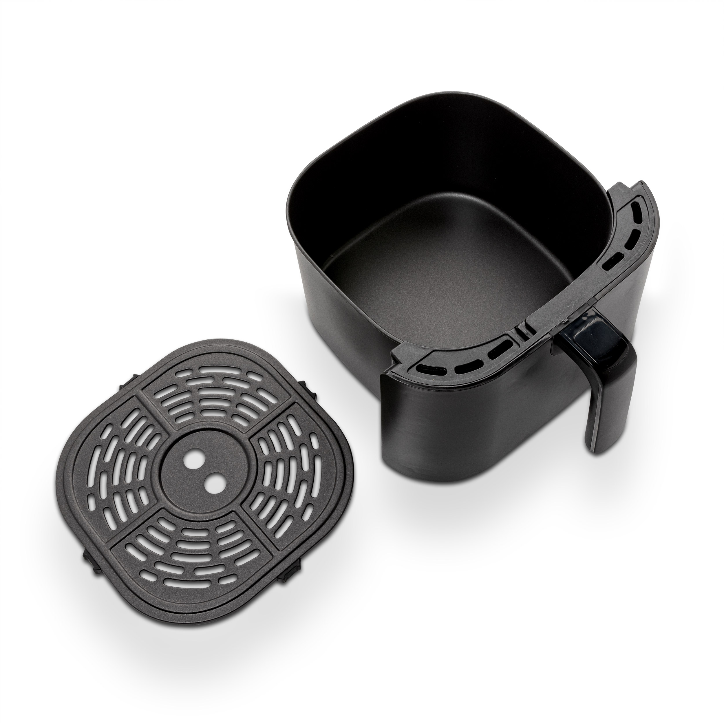Black air fryer components: a tray and the main container, viewed from above.