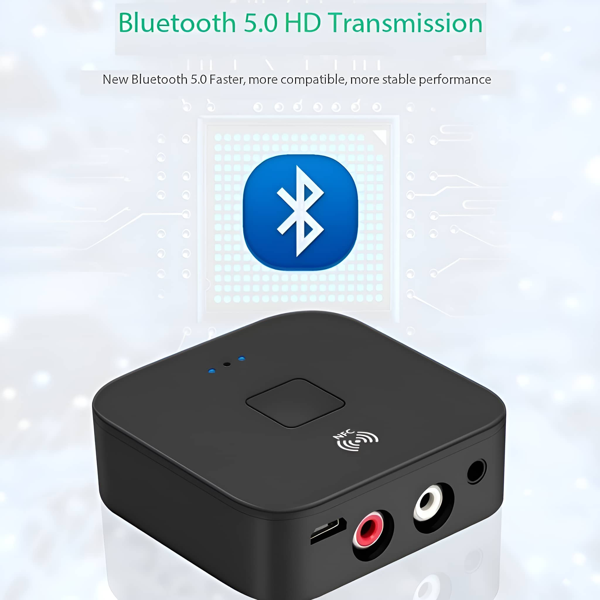 Ein schwarzer Bluetooth-Empfänger mit Ein- und Ausgängen und einem Bluetooth-Verbindungssymbol.