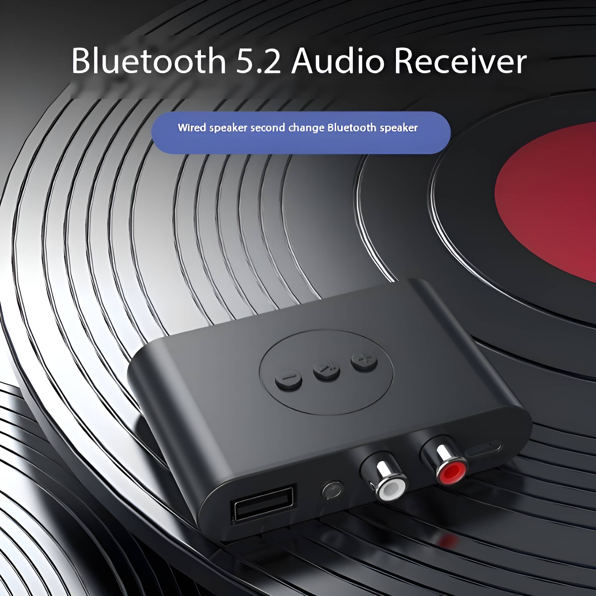 Ein schwarzer Bluetooth 5.2 Audioempfänger. Er befindet sich auf einem Vinyl-Schallplatten-Hintergrund. Er hat einen USB-Anschluss und Audioeingänge.