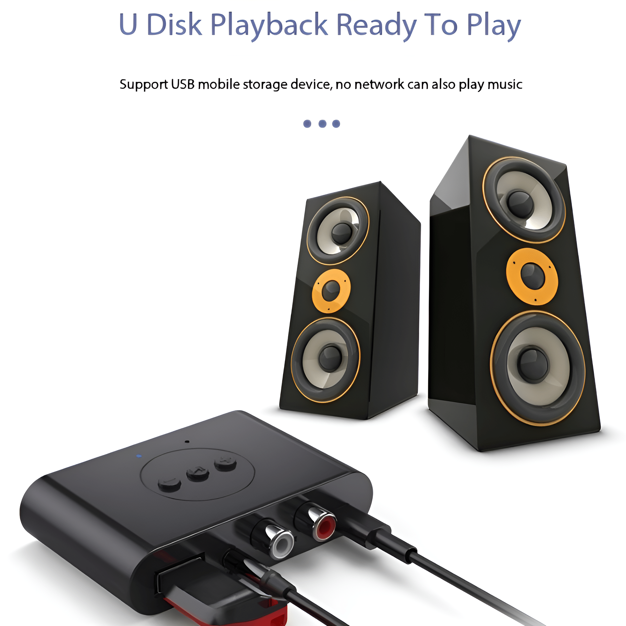 Ein schwarzes Gerät mit Lautsprechern und USB-Anschluss, neben schwarzen Lautsprechern.