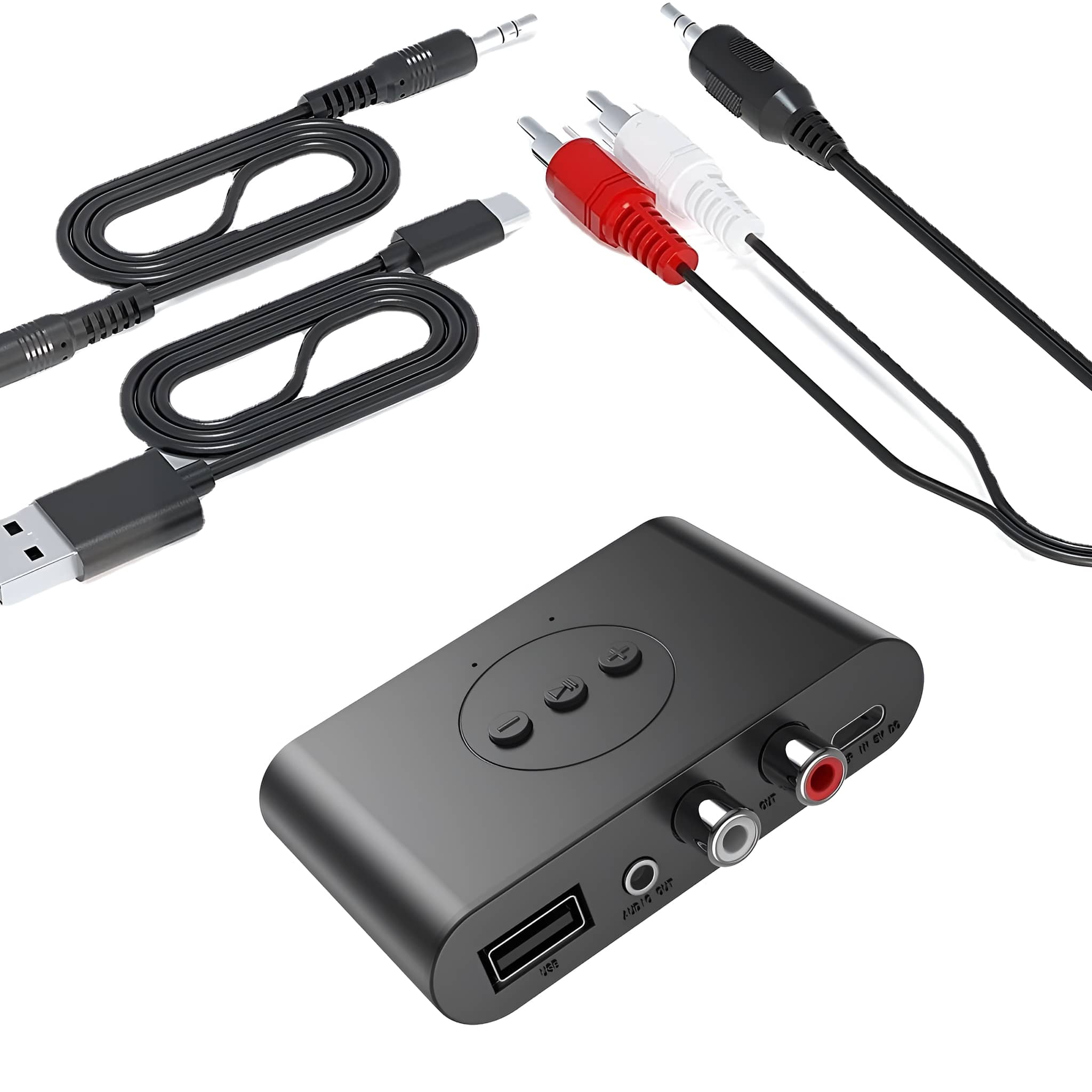 Schwarzer Bluetooth-Empfänger mit Kabeln und Audio-Steckern. Cinch-Kabel sind rot/weiß.