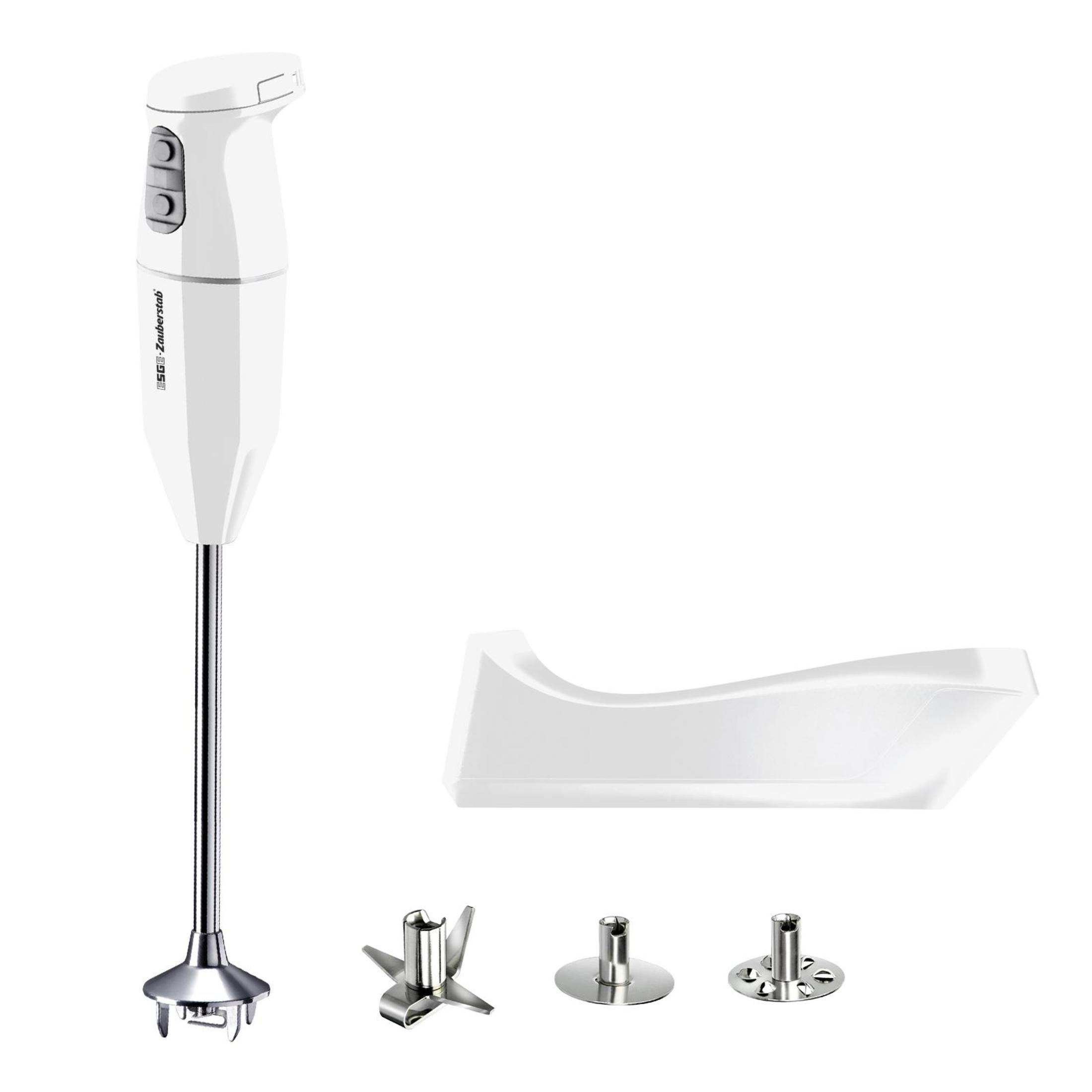 Weißer Stabmixer mit Zubehör auf Weiß.