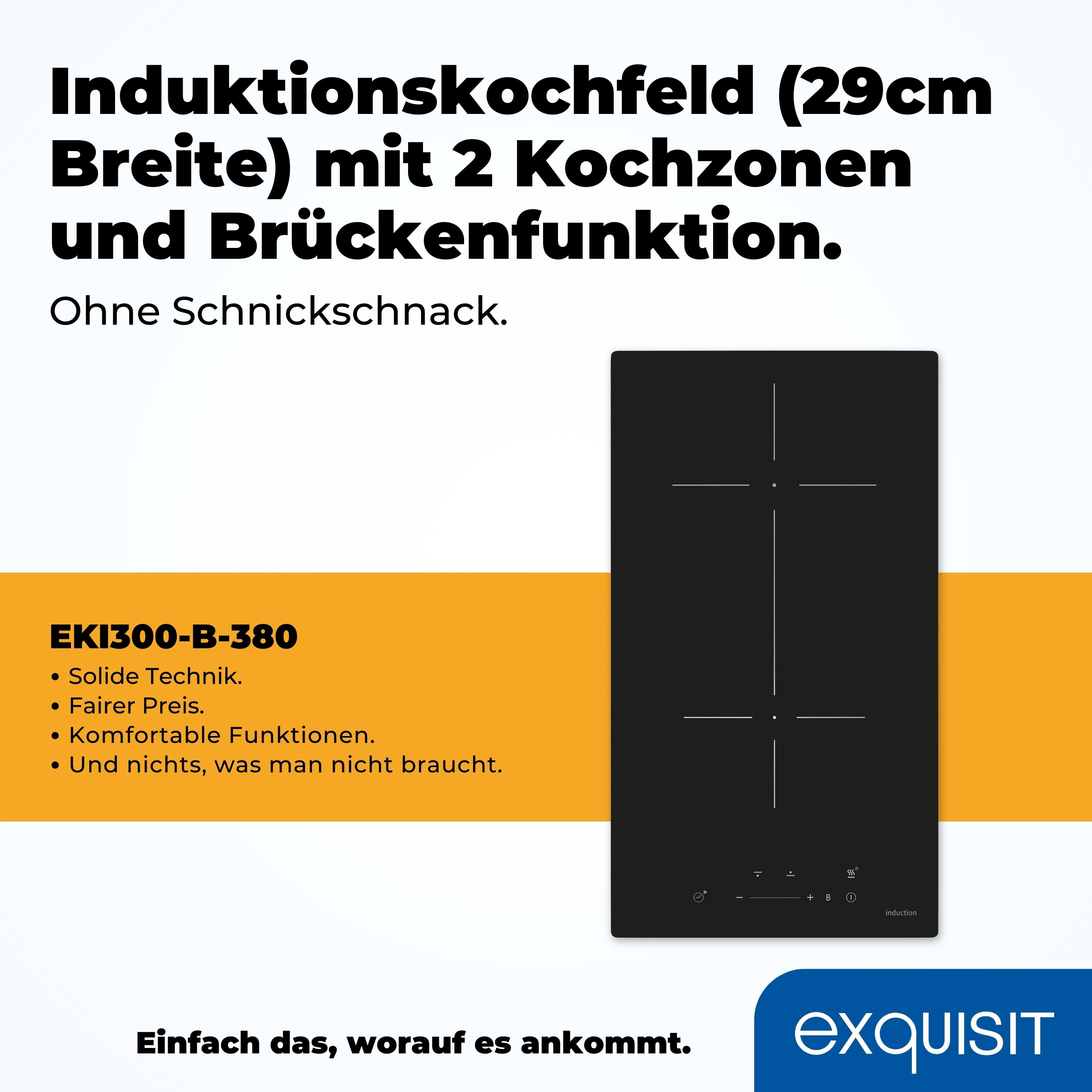 Schwarzes Induktionskochfeld mit 2 Kochzonen. Text auf Deutsch. Weißer Hintergrund. Exquisit-Logo.