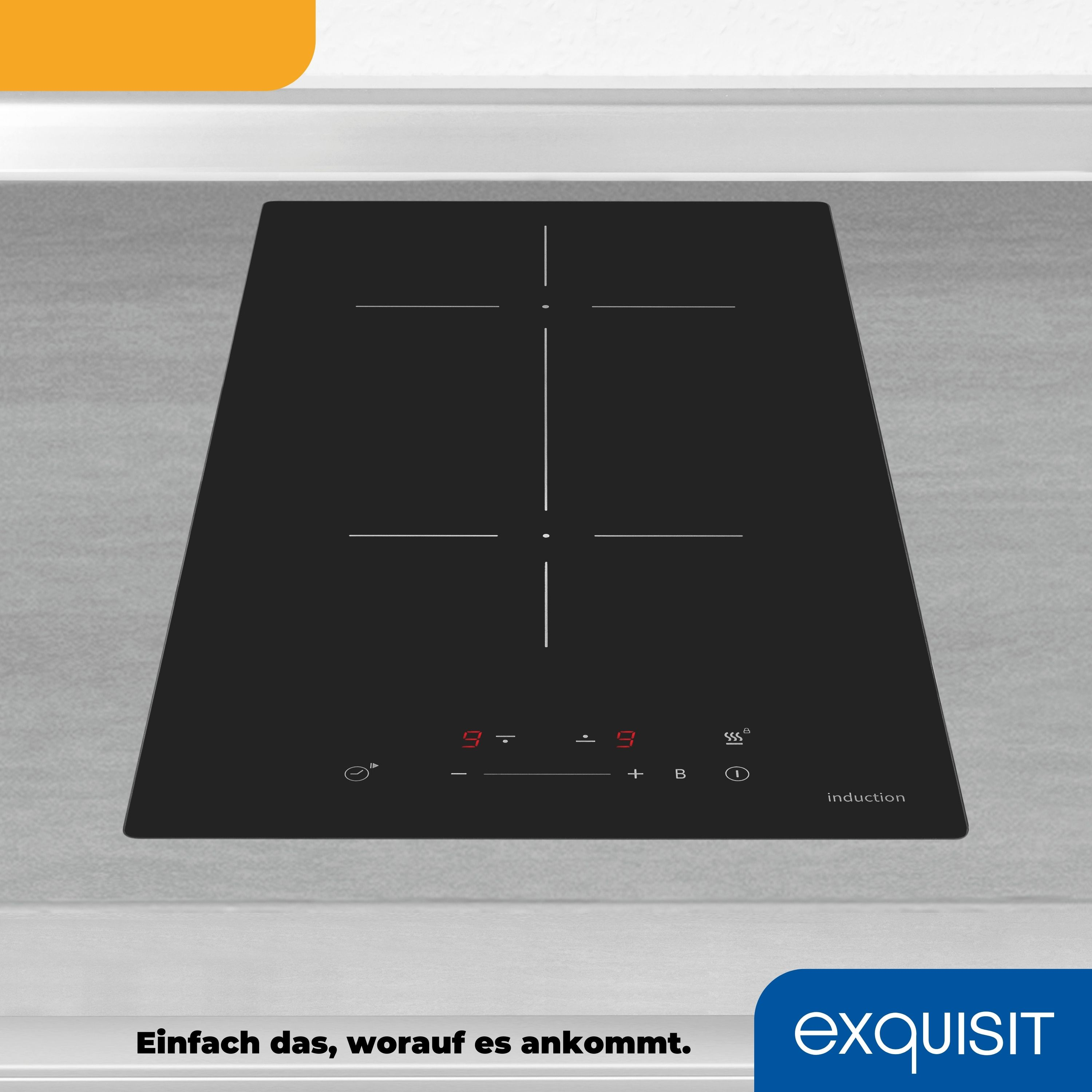 Ein schwarzes Induktionskochfeld auf einer grauen Theke. Zwei Kochfelder sind sichtbar, mit Touch-Bedienelementen vorne.