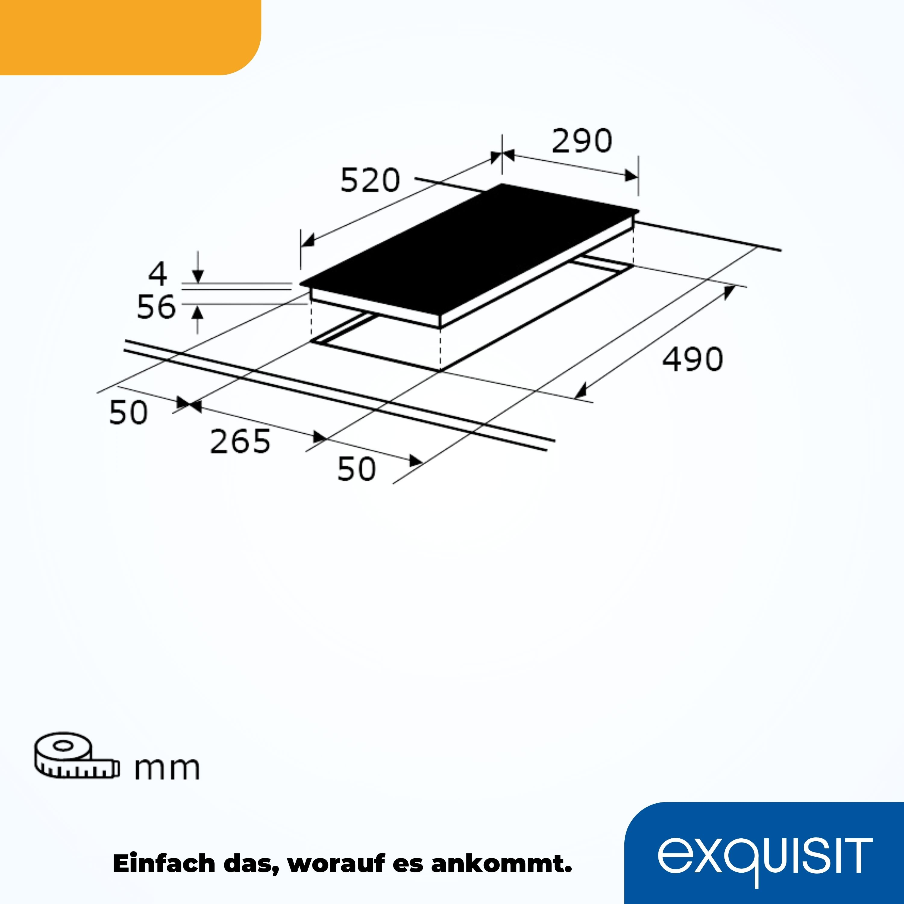 Diagramm eines schwarzen Kochfelds. Abmessungen in mm angegeben. Unten rechts Exquisit-Logo.