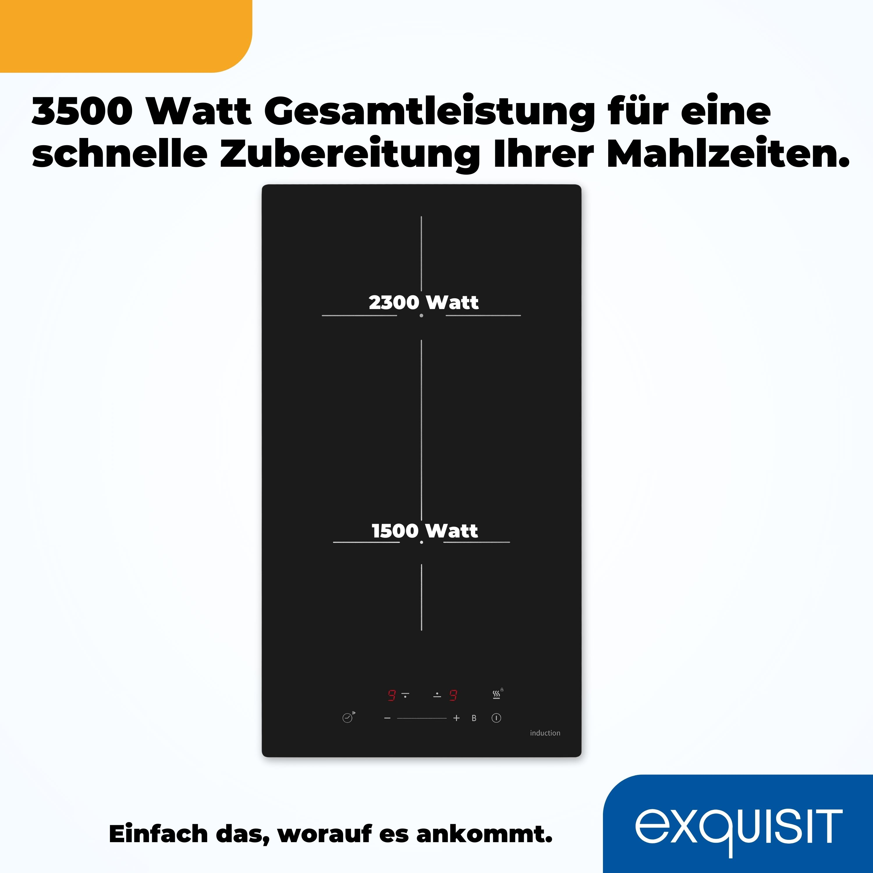 Schwarzes Induktionskochfeld mit zwei kreisförmigen Heizflächen und Leistungsangaben.