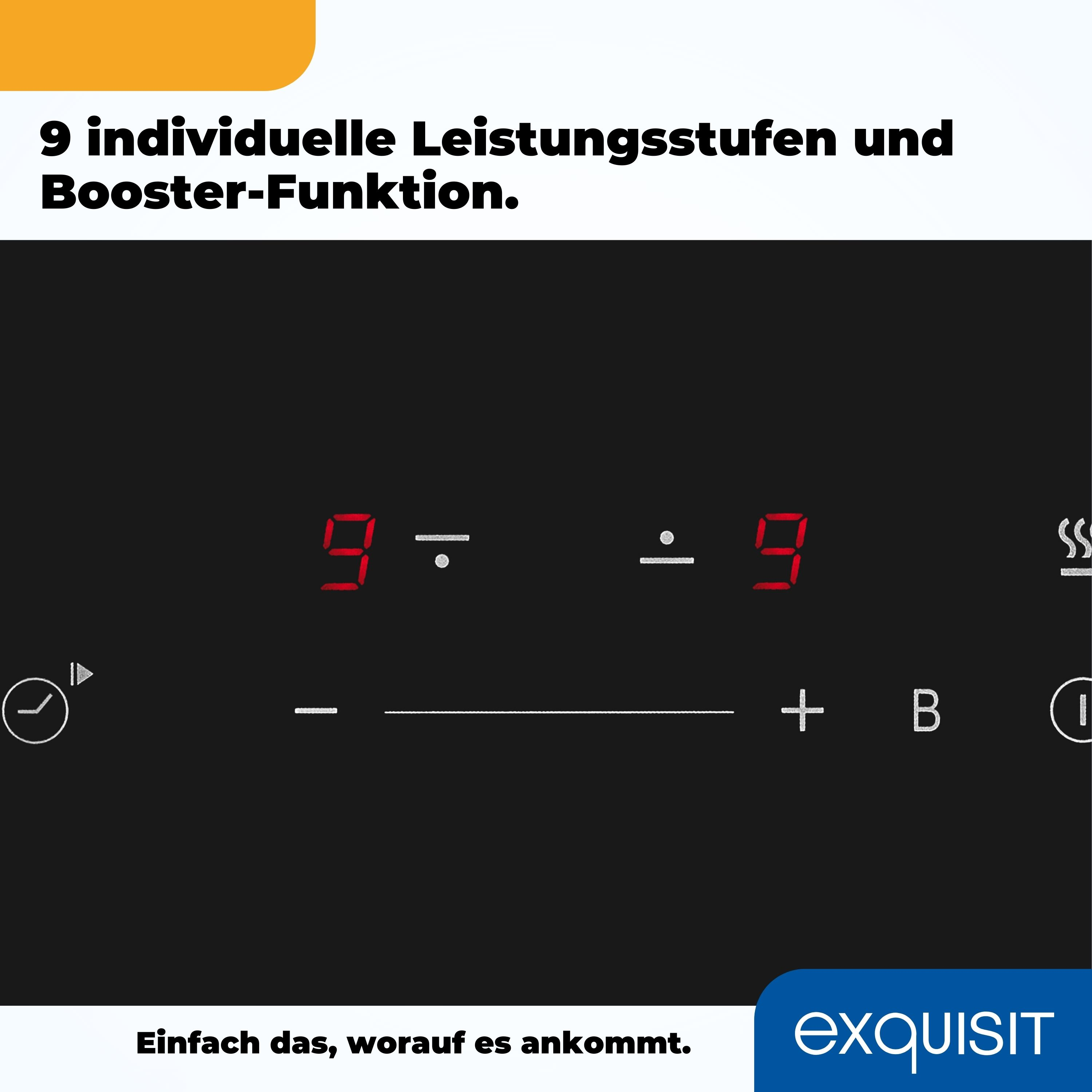 Ein schwarzes Bedienfeld mit Digitalanzeige, die '9-9' zeigt. Zeigt 9 Leistungsstufen und eine Booster-Funktion.