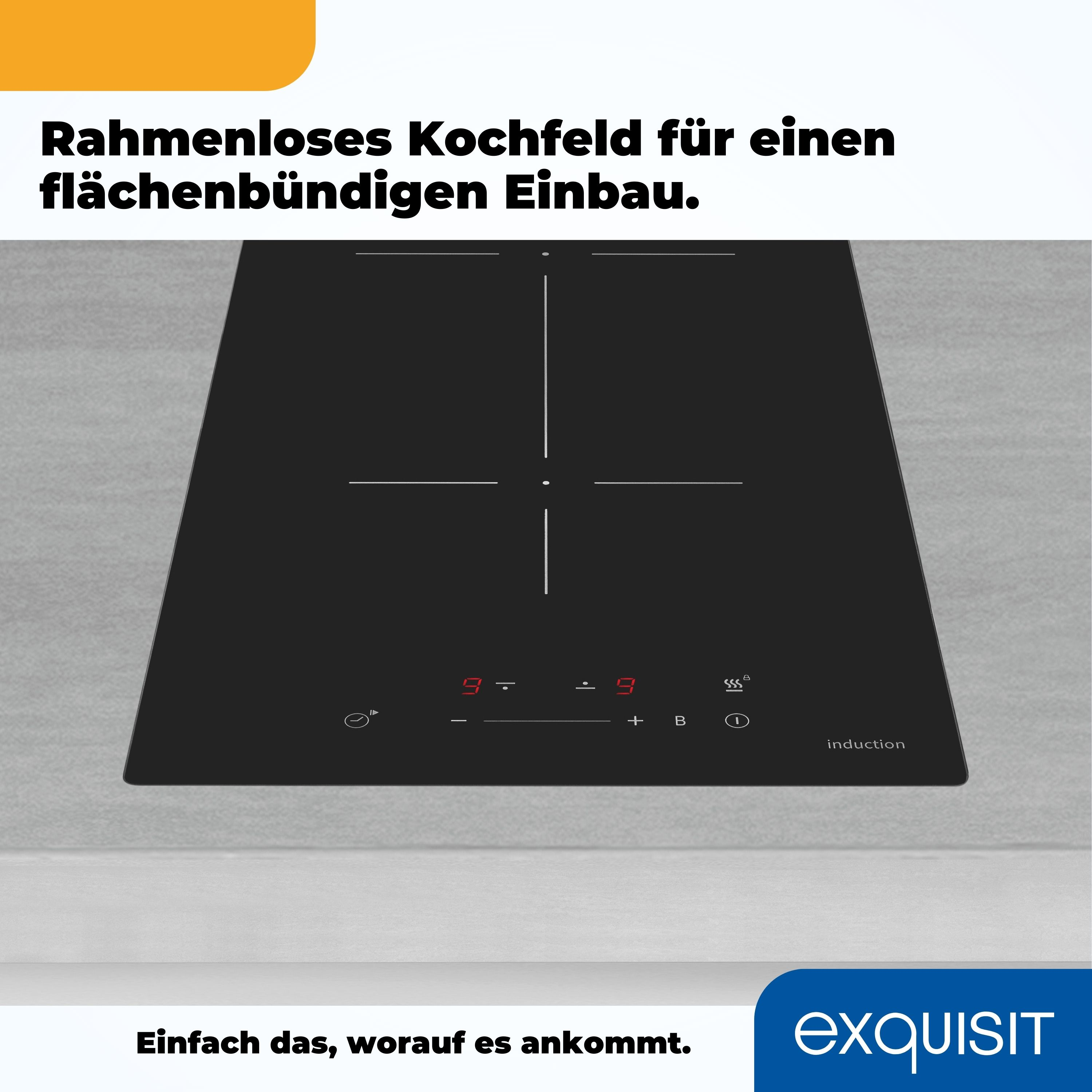 Schwarzes Induktionskochfeld mit weißen Kreuzmarkierungen, roten Digitalanzeigen und Bedientasten.
