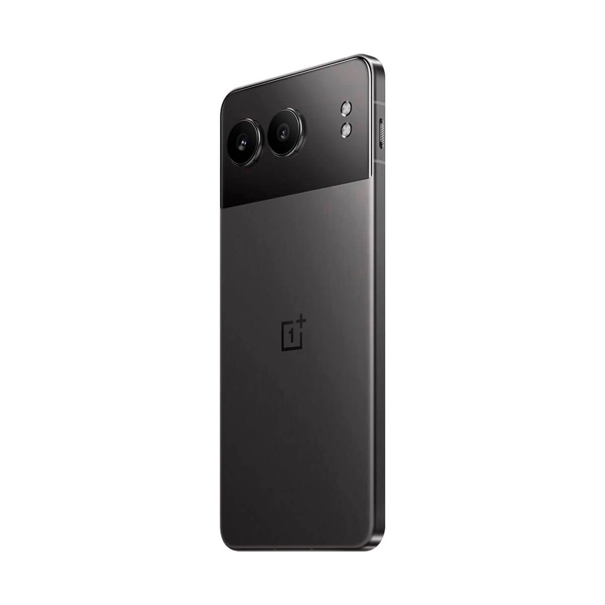 Zwarte smartphone, zijaanzicht. Dubbele camera's en een logo zichtbaar. Strak design.