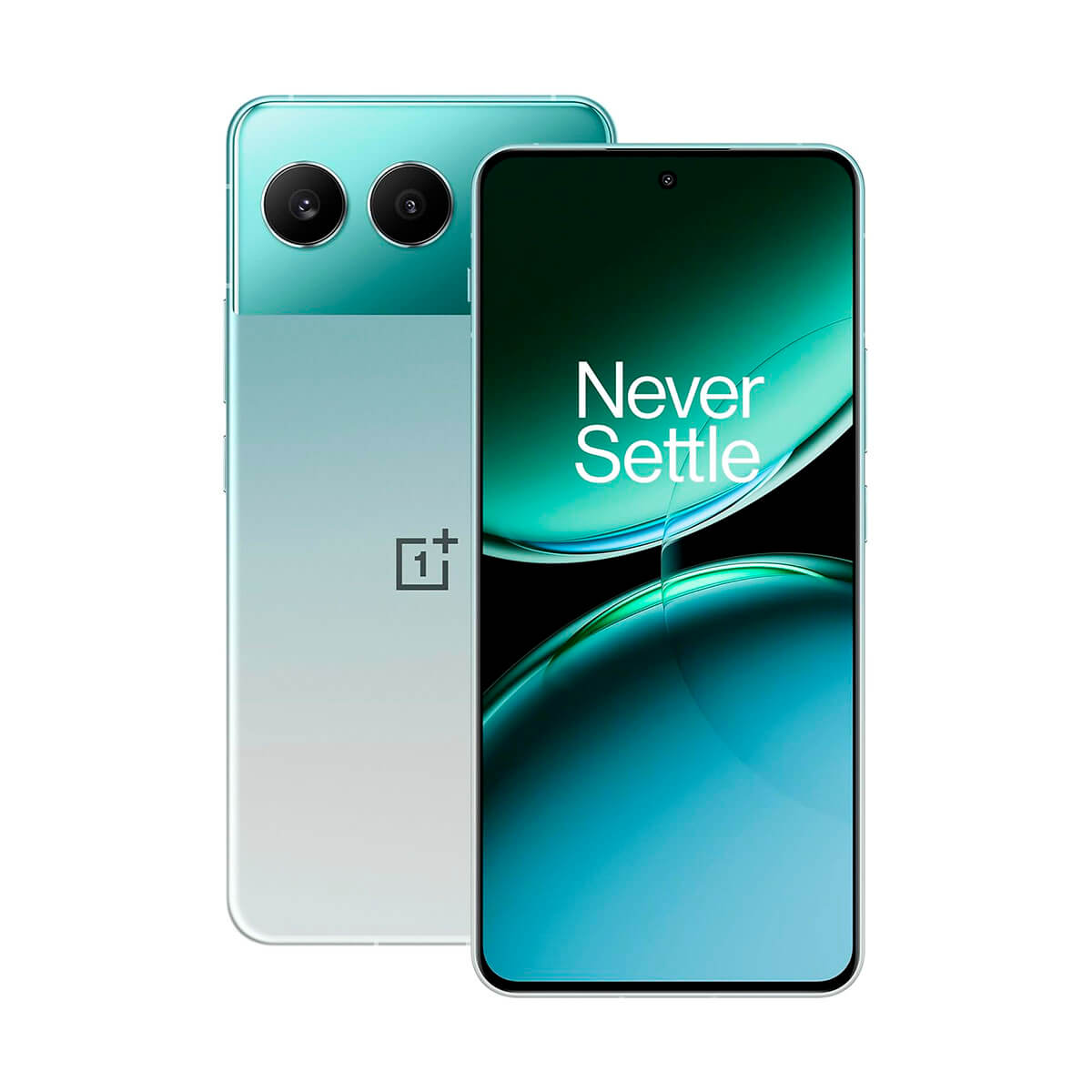 Blauwgroene smartphone met twee camera's achter en een voorscherm, met Never Settle erop.