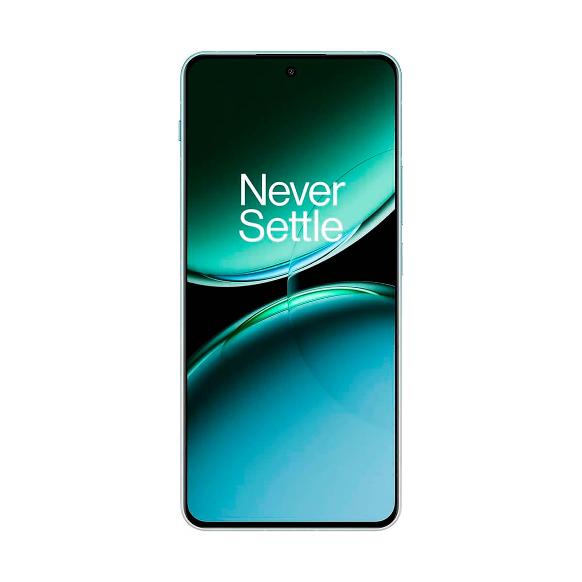 Een zwarte smartphone met een groot scherm en de tekst 'Never Settle' in het midden.