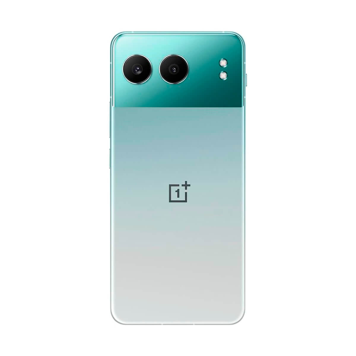 Achterkant van turquoise en witte smartphone. Dubbele camera's bovenaan, OnePlus-logo onderaan.