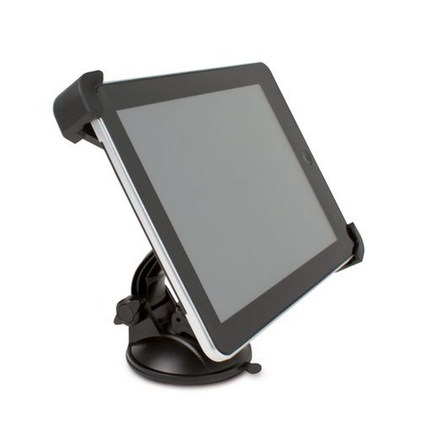Ein Tablet in einer Autohalterung, nach oben abgewinkelt. Halterung und Halter sind schwarz.
