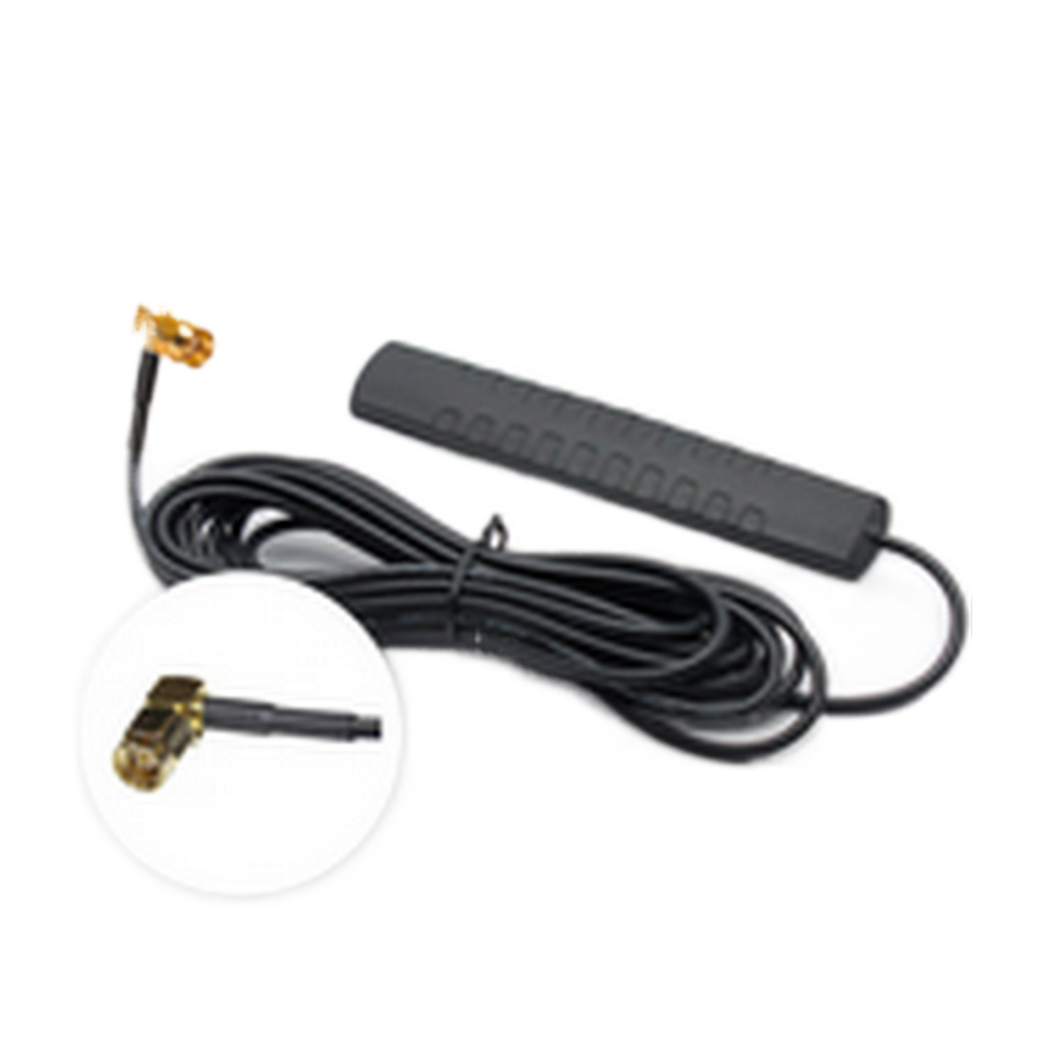 Eine schwarze Antenne mit Kabel und Stecker. Der Stecker hat eine goldene Spitze.