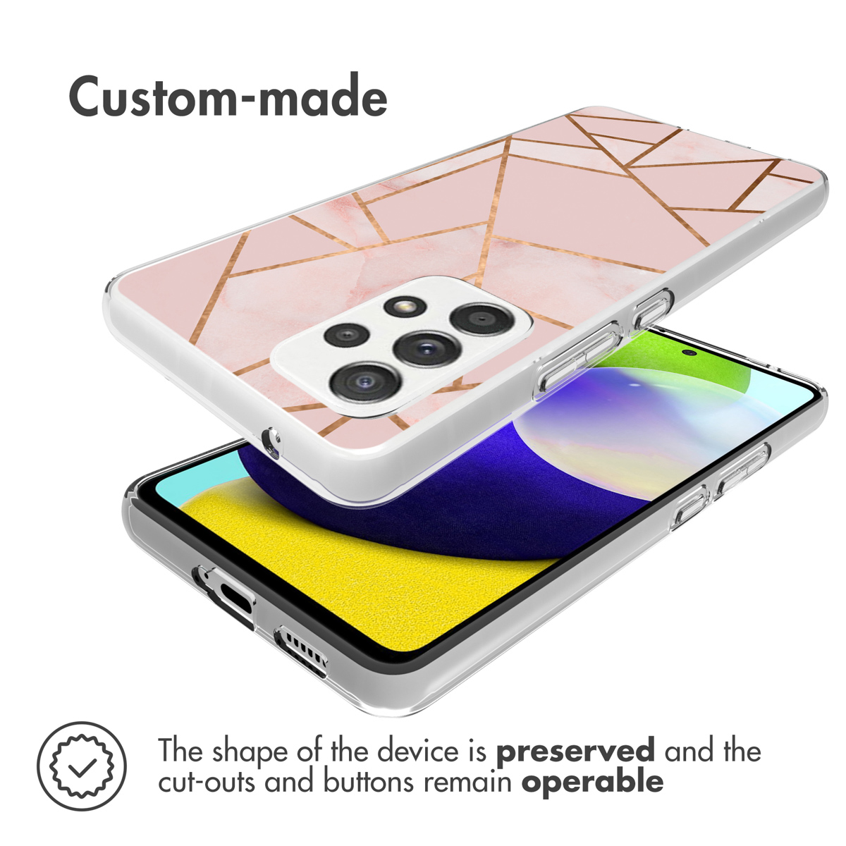Custodia per telefono rosa con linee dorate, un'altra custodia sotto. Sfondo bianco.